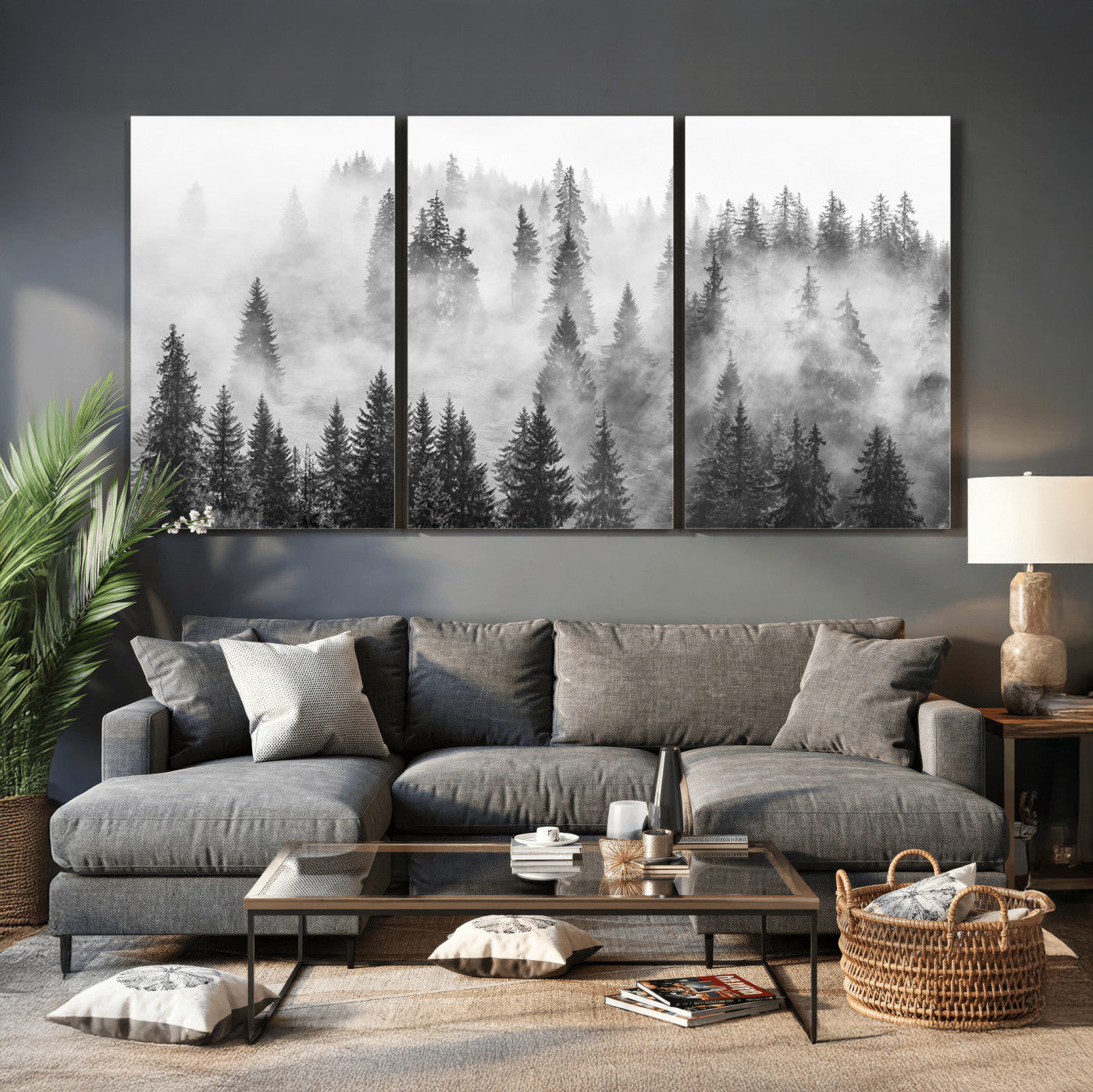 10422-MGV-CV-36X24 - Forest Wall Art Print | Foggy Pine Forest Canvas Wall Art - Black and White Nature Decor for Living