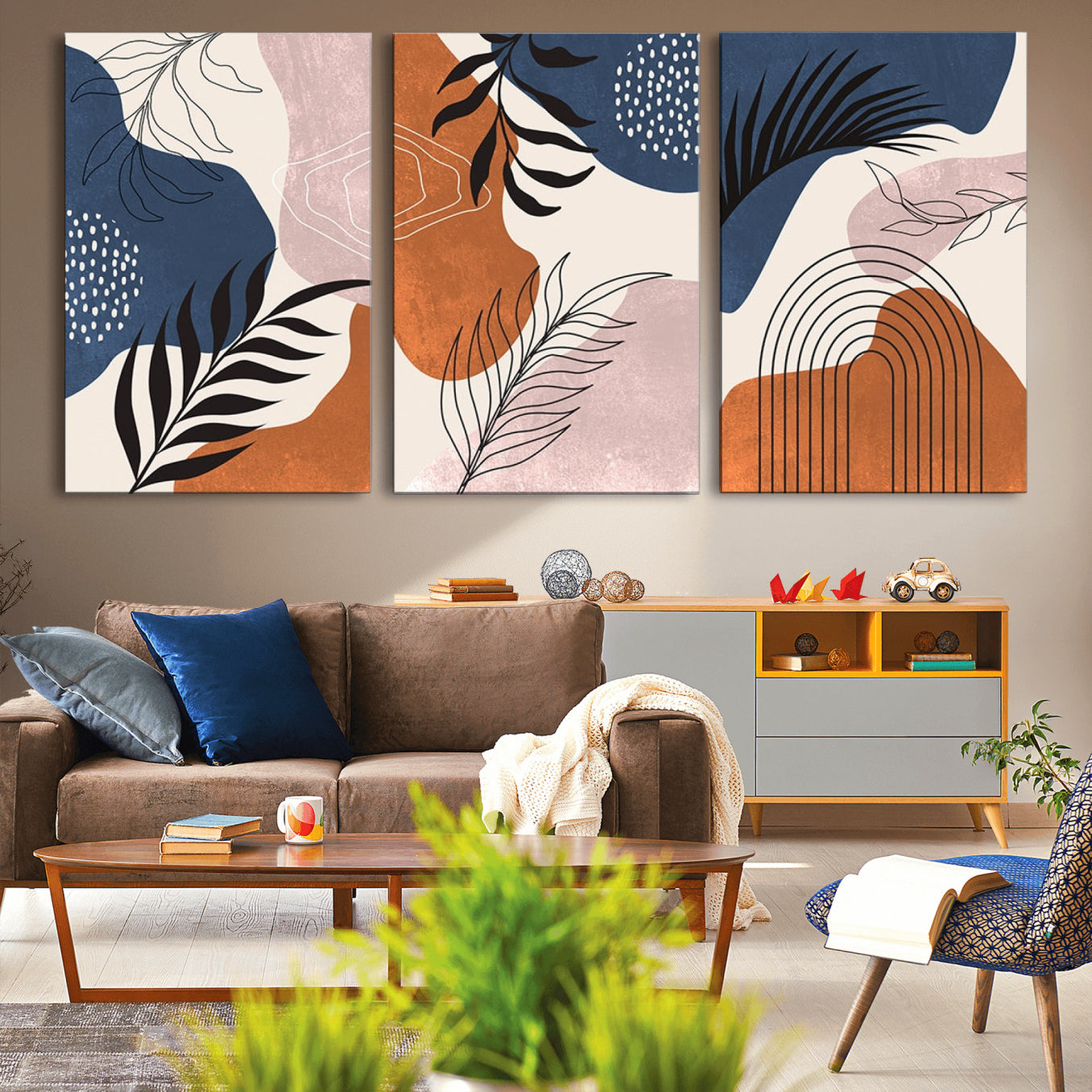 -Boho Wall Art Canvas Print Set Mid-Century Prints Bohemian Wall Artwork Prints Boho Neutral,