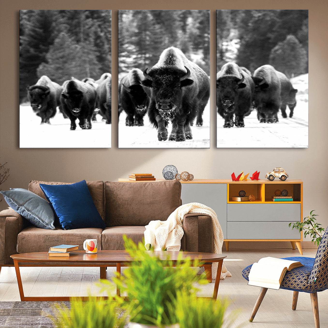 -Bison Herd in Snow Wall Art Canvas Print | Rustic Western Bison Wall Art for Decor for Living Room,