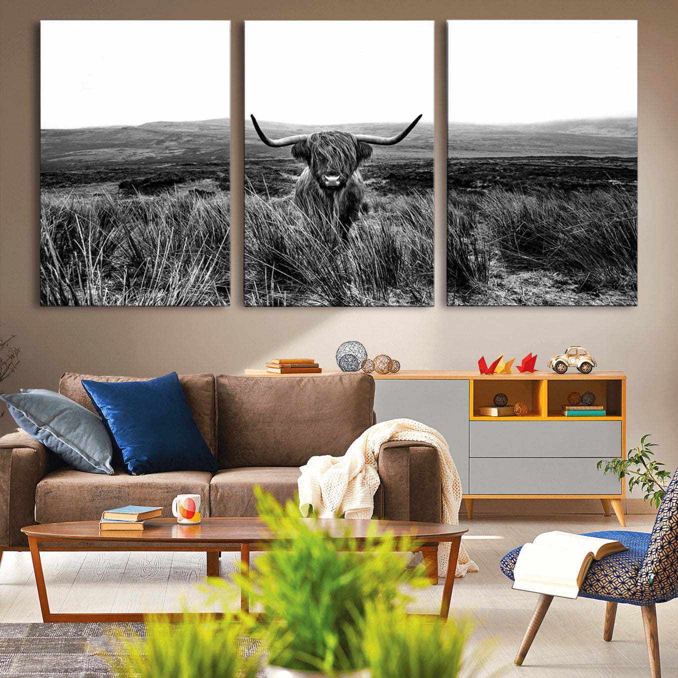 -Black and White Highland Cow Canvas Wall Art, Longhorn Triptych Western Wall Decor for Cabin -