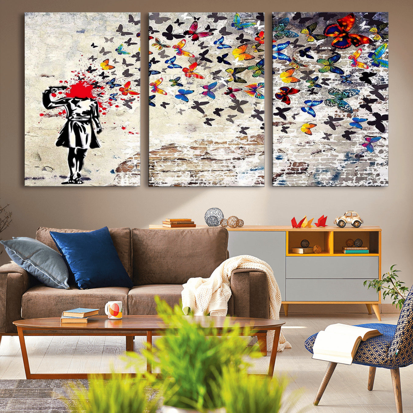 -Banksy Art Butterfly Girl Explosion Canvas Art – Vibrant Urban Graffiti for Modern Interiors - Ready
