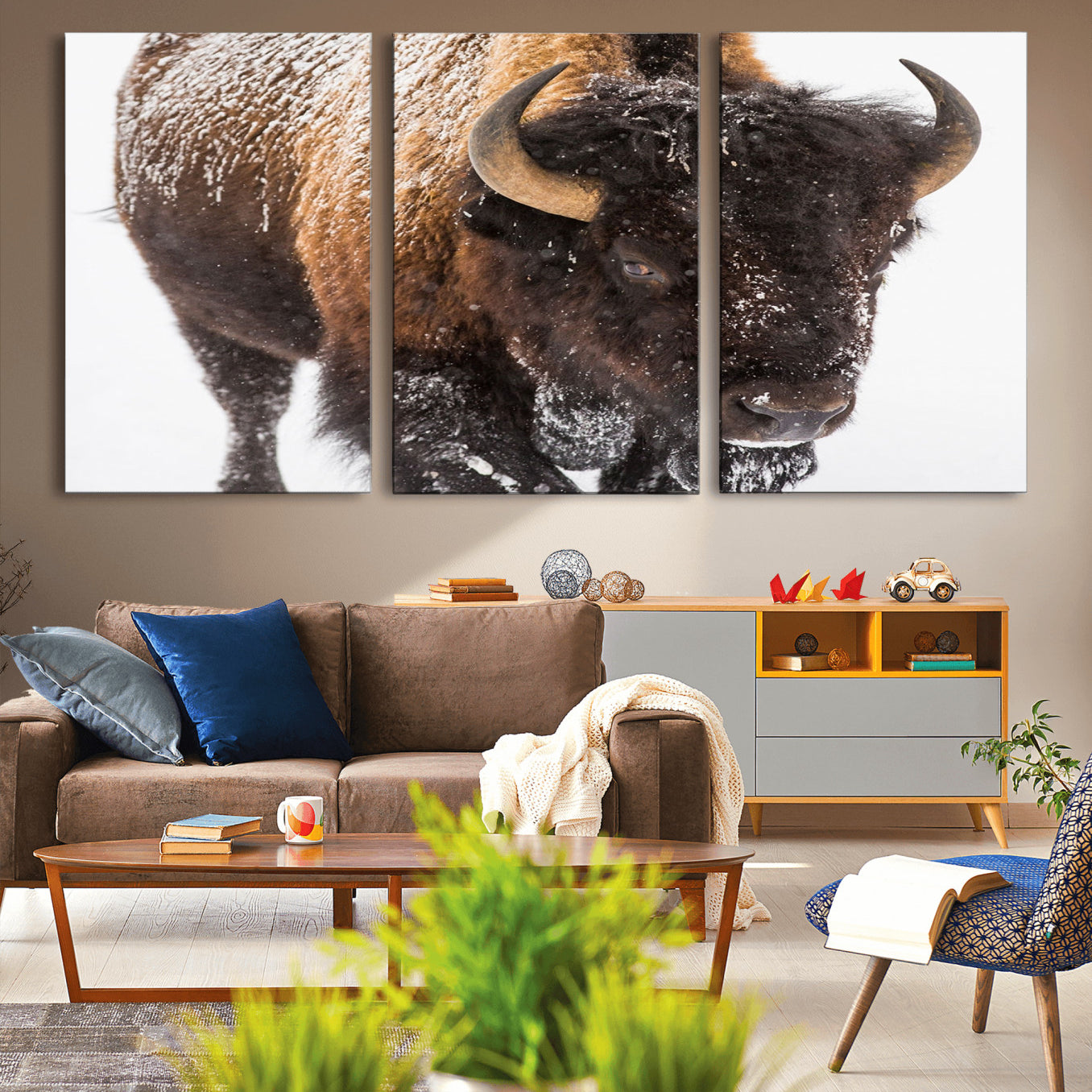 -Bison Wall Art Canvas Print For Farmhouse, Wild Animal Wall Art, Framed Wild Bison Wall Art