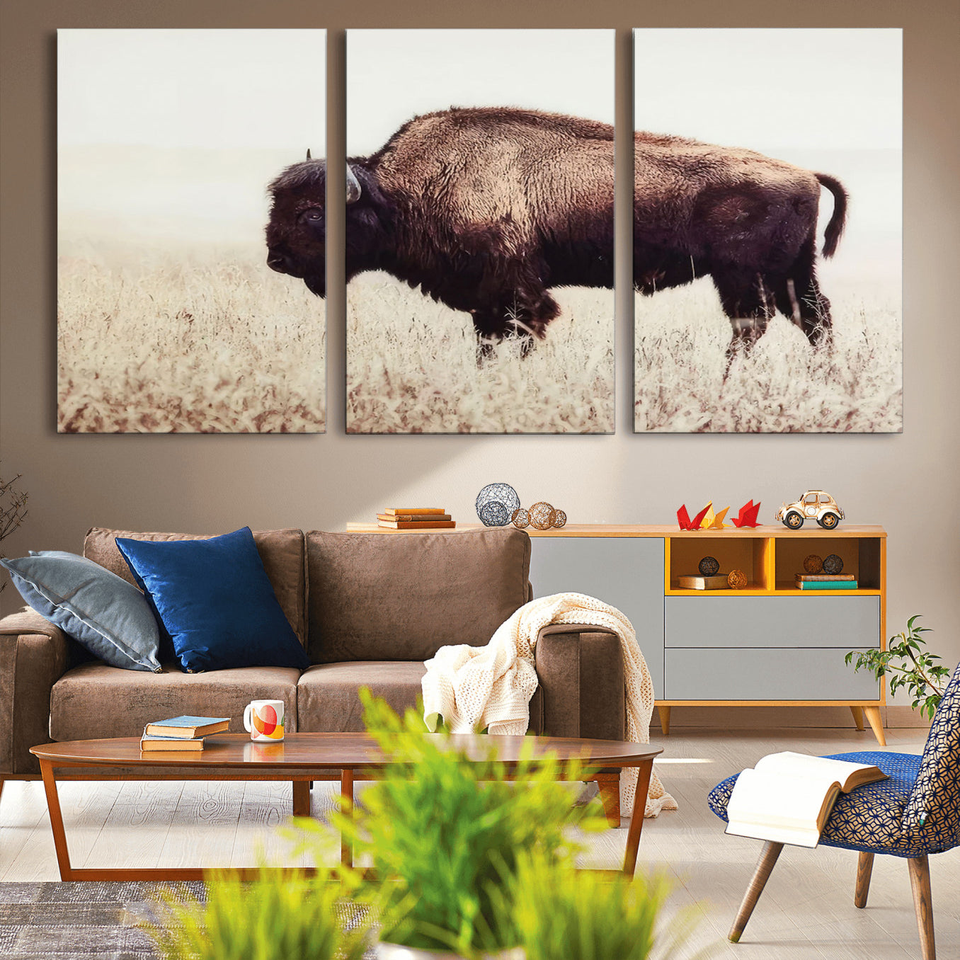 -Bison in Field Wall Art Canvas Print For Farmhouse Barn Decor