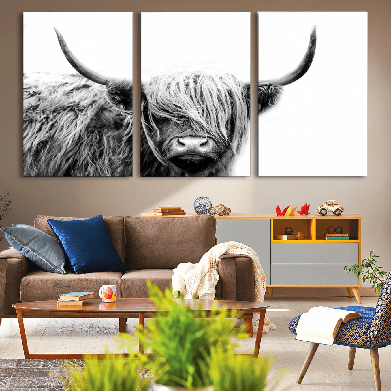 -Black White Scottish Highland Cow Cattle Art Print Farmhouse Wall Art Canvas Print