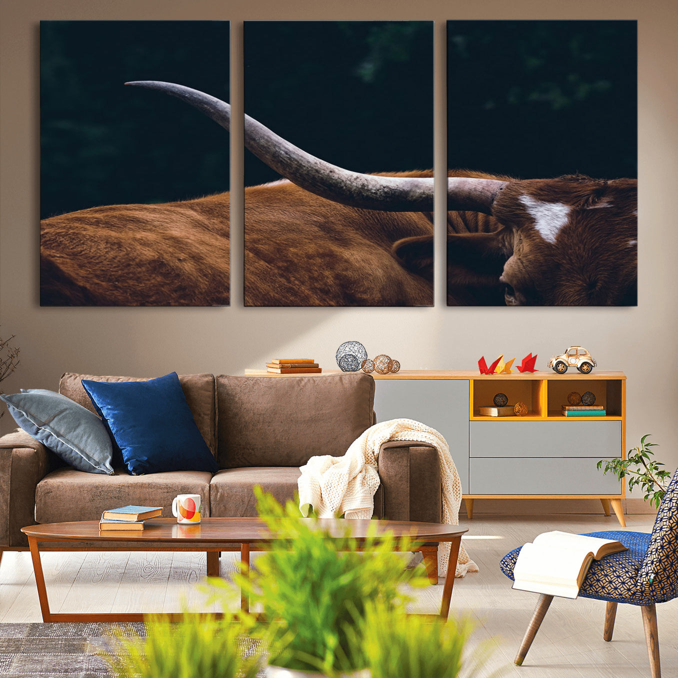 55197-MGV-CV-60X30-3P-Texas Longhorn Bull Wall Art Canvas Print - Large Framed Canvas Wall Art, Farmhouse Cabin Wall