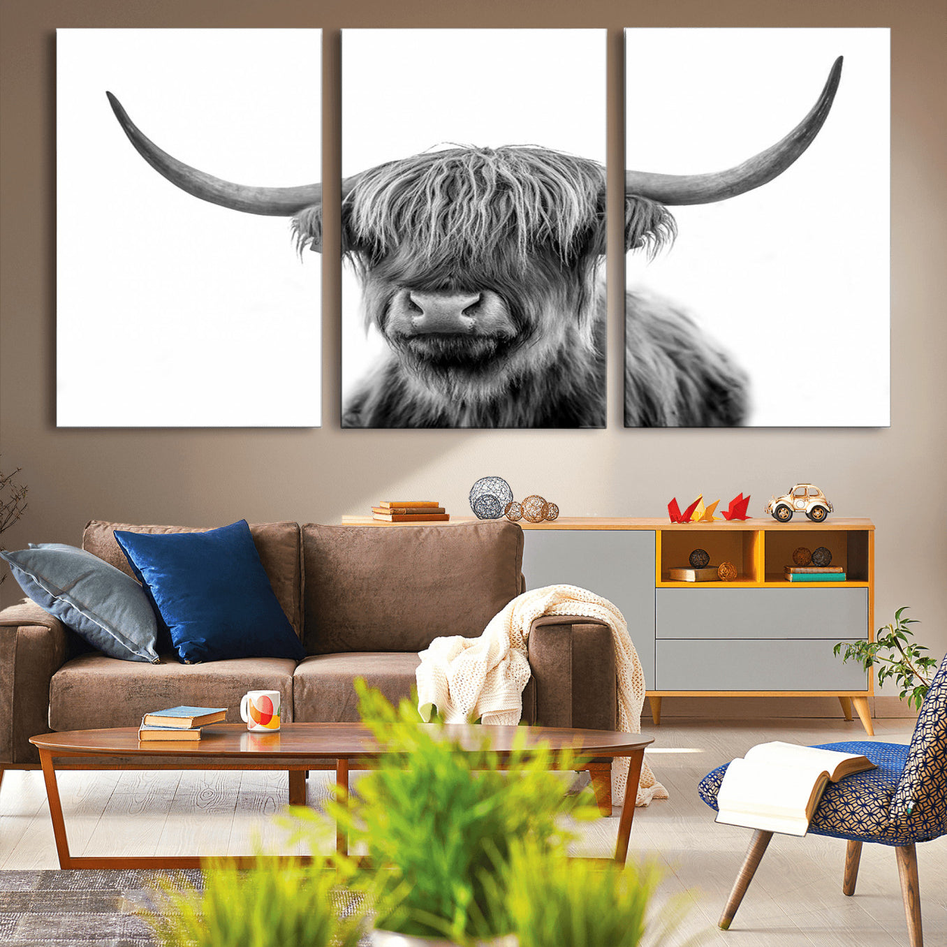 -Grayscale Scottish Highland Cow Cattle Art Print Farmhouse Wall Art Canvas Print