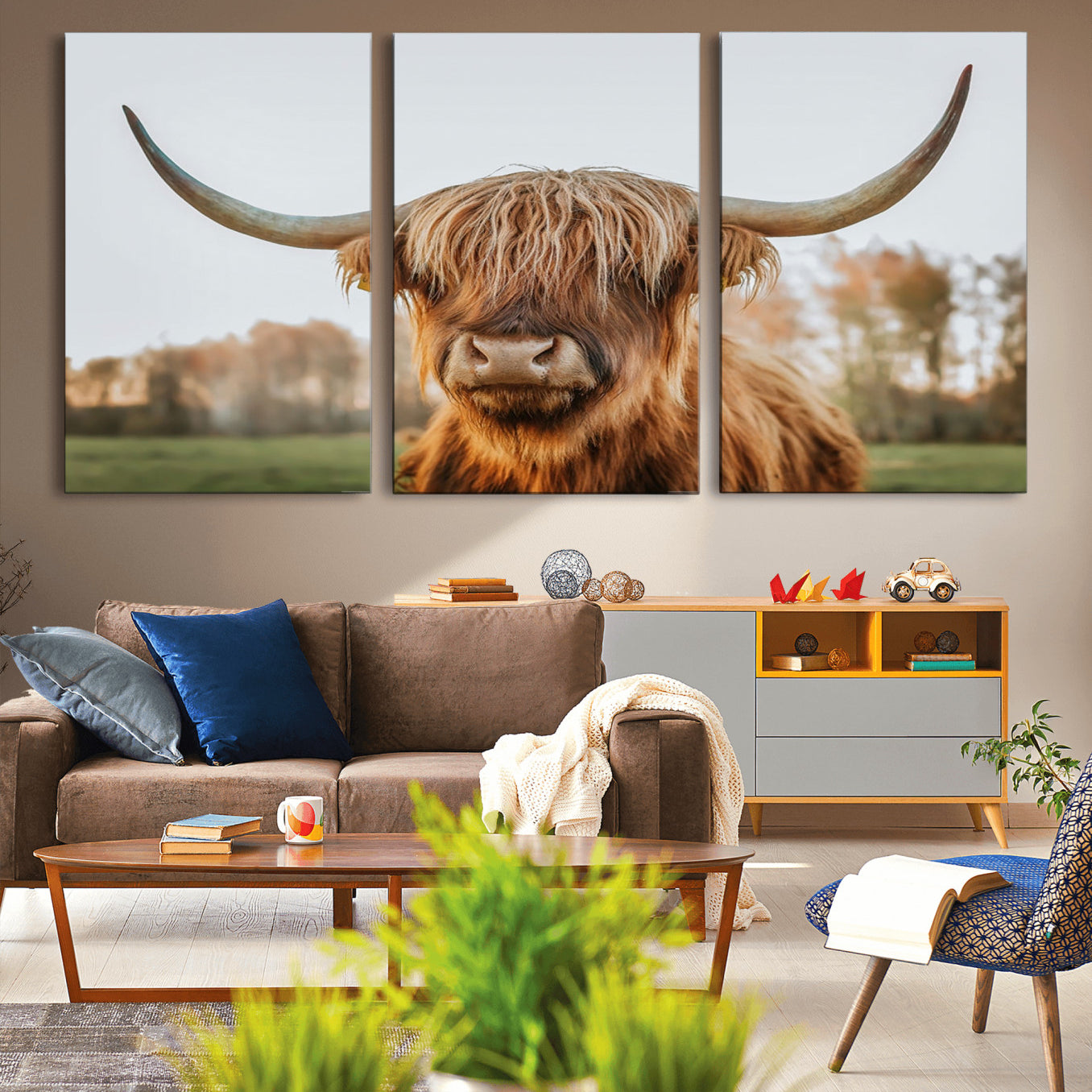 41121-MGV-CV-60X30-3P-Highland Cow Animal Scottish Cattle Art Print Farmhouse Wall Art Canvas Print
