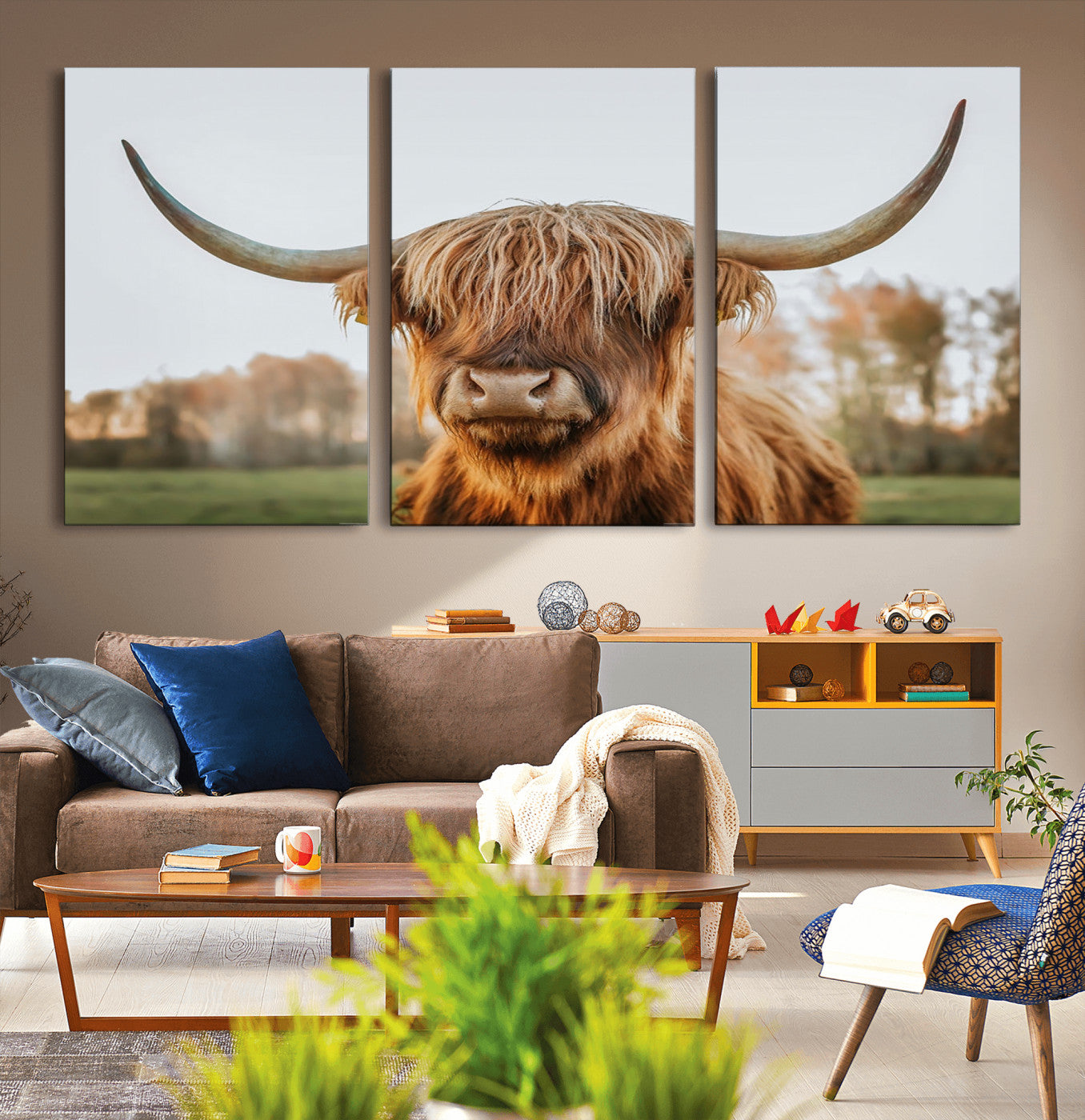 41121-MGV-CV-60X30-3P-Highland Cow Animal Scottish Cattle Art Print Farmhouse Wall Art Canvas Print