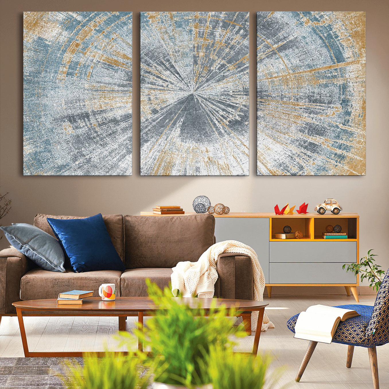 17631-MGV-CV-36X24-Radiant Abstract Wood Rings Canvas Art – Modern Triptych Wall Decor for Living Room or Farmhouse