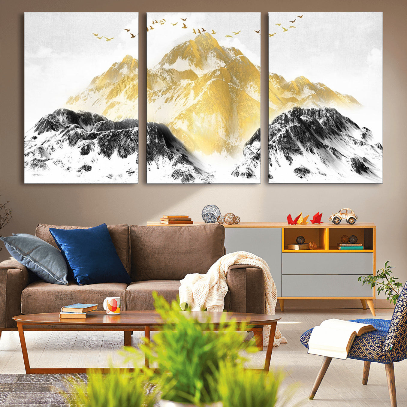 37733-MGV-CV-36X24-Golden Mountain Triptych Wall Art Canvas Print, Modern Giclee Canvas Print, Nature Landscape Decor