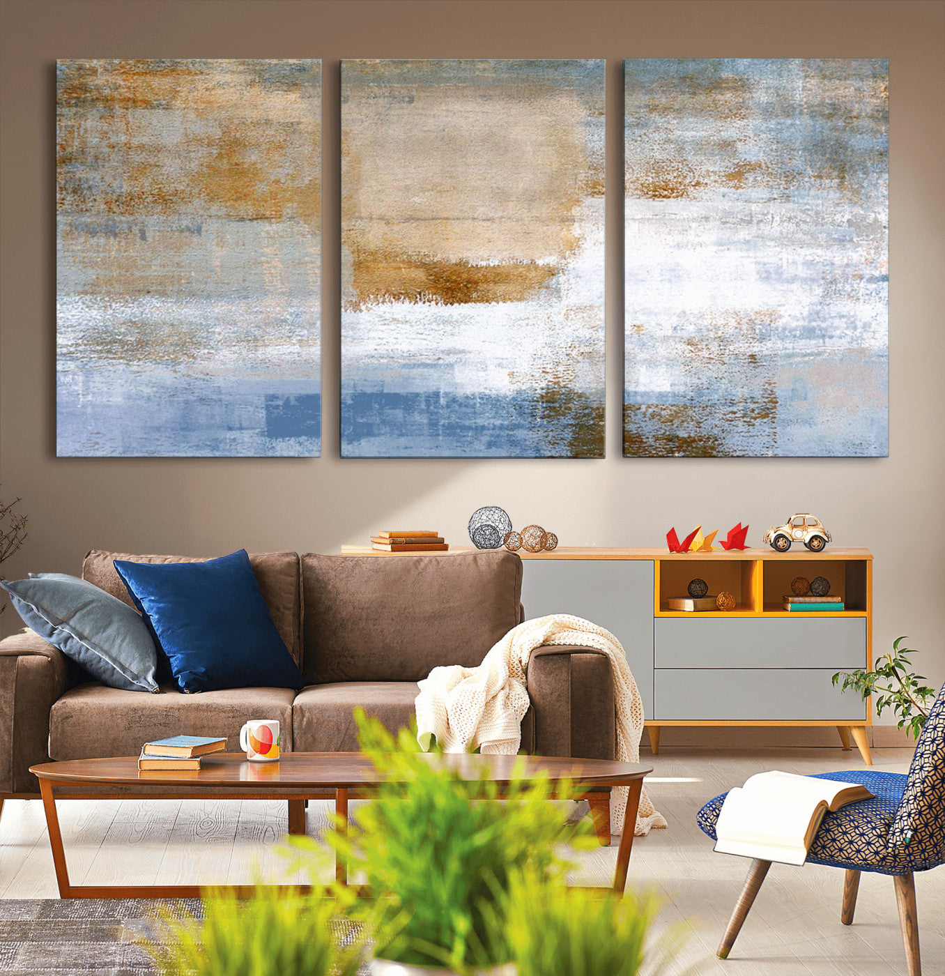 72354-MGV-CV-36X24-Blue Multi Panel Abstract Wall Art Canvas, Abstract Blue and Gold Canvas Print