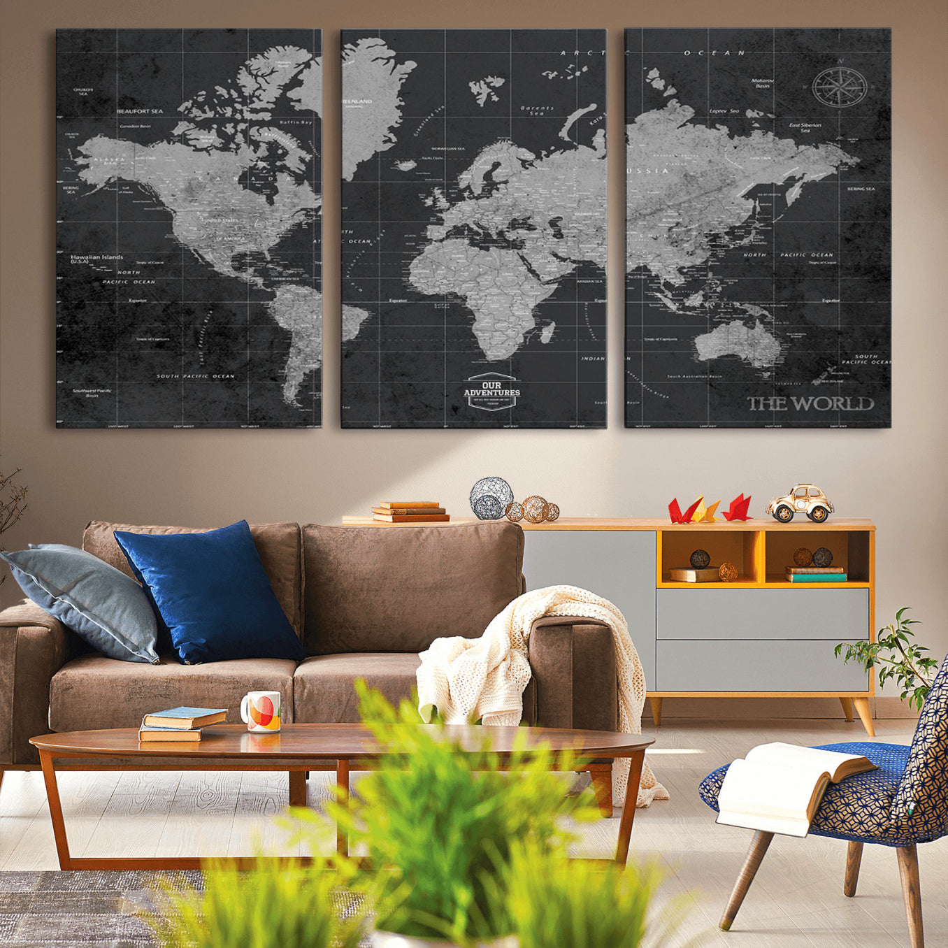 -Push Pin World Map Canvas Print – Travel Tracker Wall Art for Couples, Perfect Anniversary Gift for Home or Office Decor