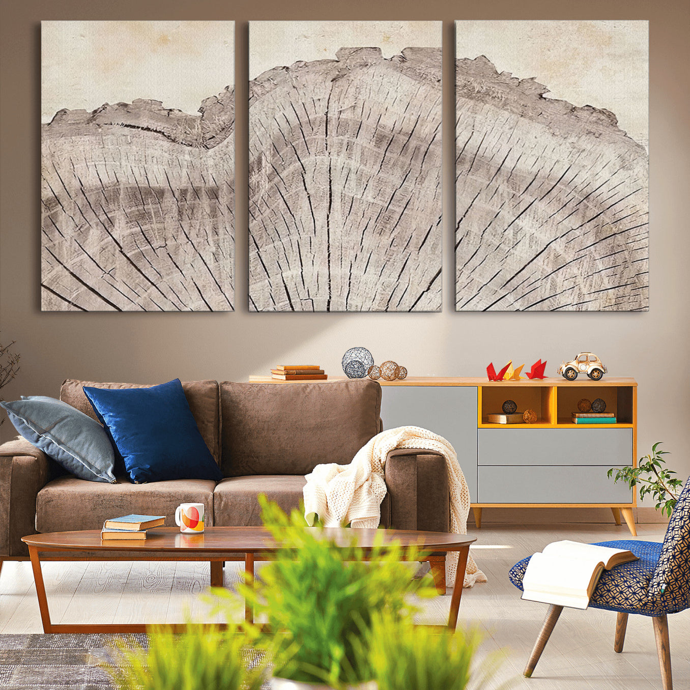-Tree Ring Wall Art Triptych, Rustic Wood Ring Canvas Print, Minimalist Wall Decor for Modern Homes