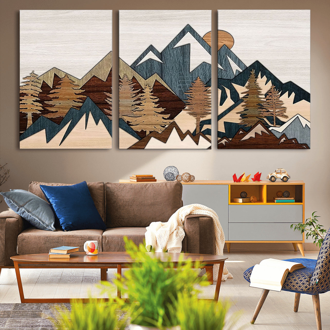 67950-MGV-CV-36X24-Rustic Abstract Wood Panel Effect Canvas Mountain Range Top Wood Wall Art Canvas Print