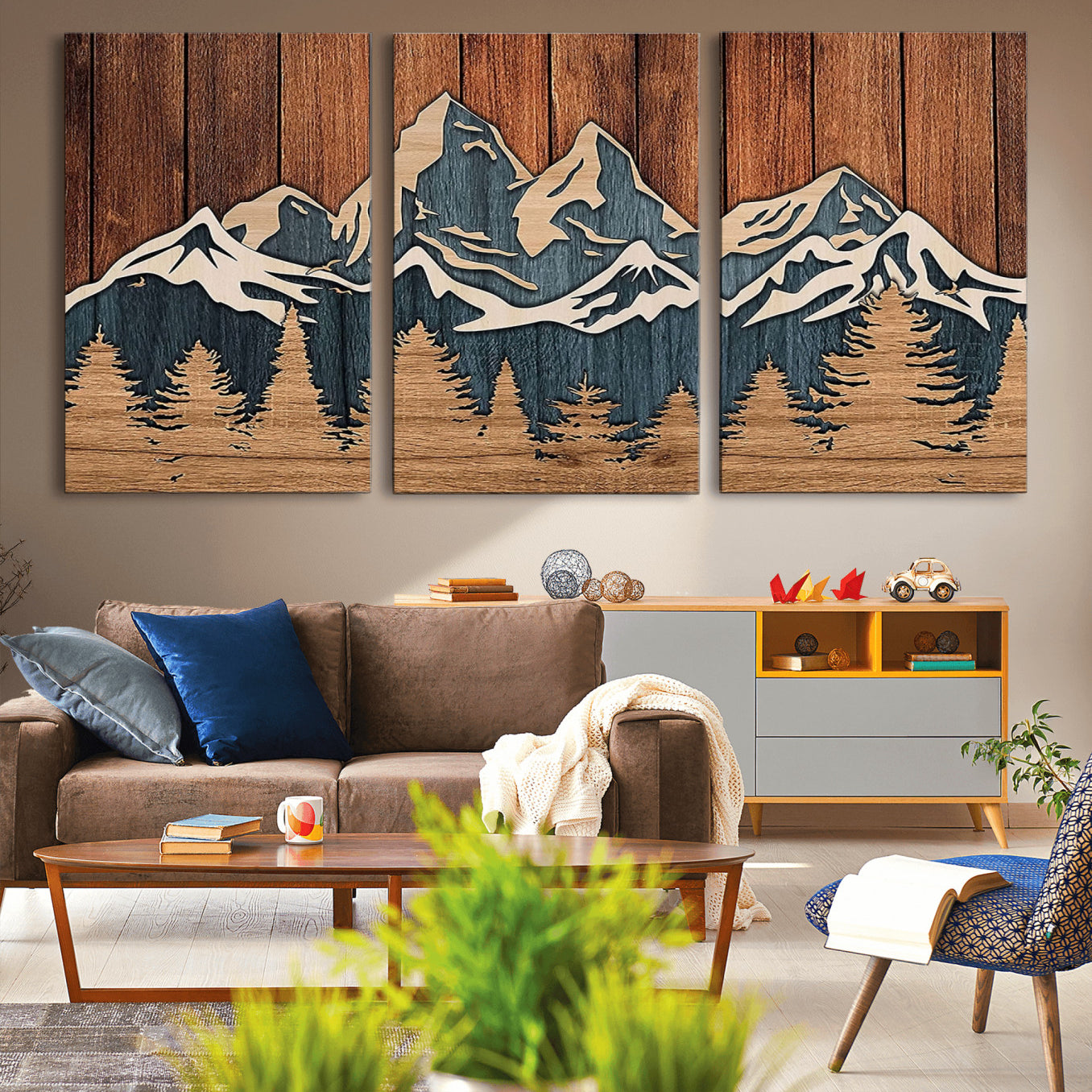 41330-MGV-CV-36X24-Rustic Wood Style Mountain Wall Art, Nature Forest Canvas Print, Wooden Textured Mountain Artwork,