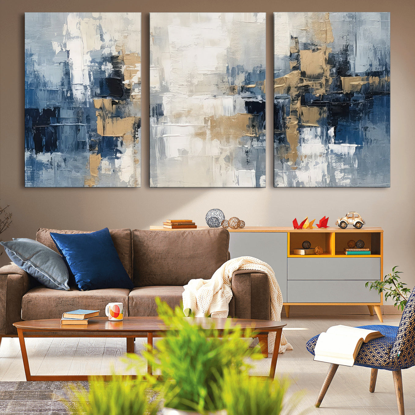 44344-MGV-CV-36X24-Modern Abstract Canvas Wall Art in Blue and Gold Tones | Large Contemporary Art for Living Room,