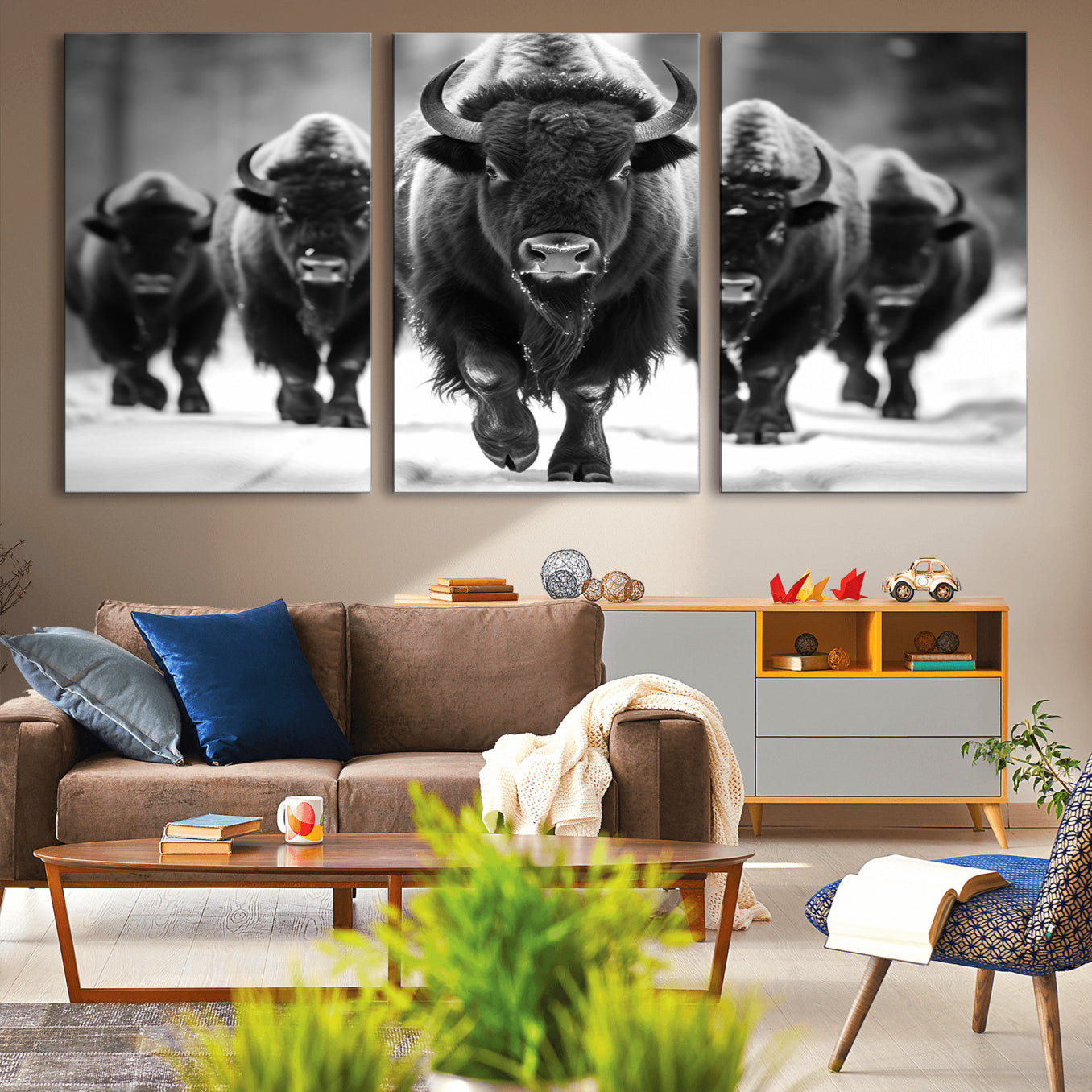 -American Bison Art | Buffalo Herd Wall Art Canvas Print, BW American Bison Herd Wall Art Canvas