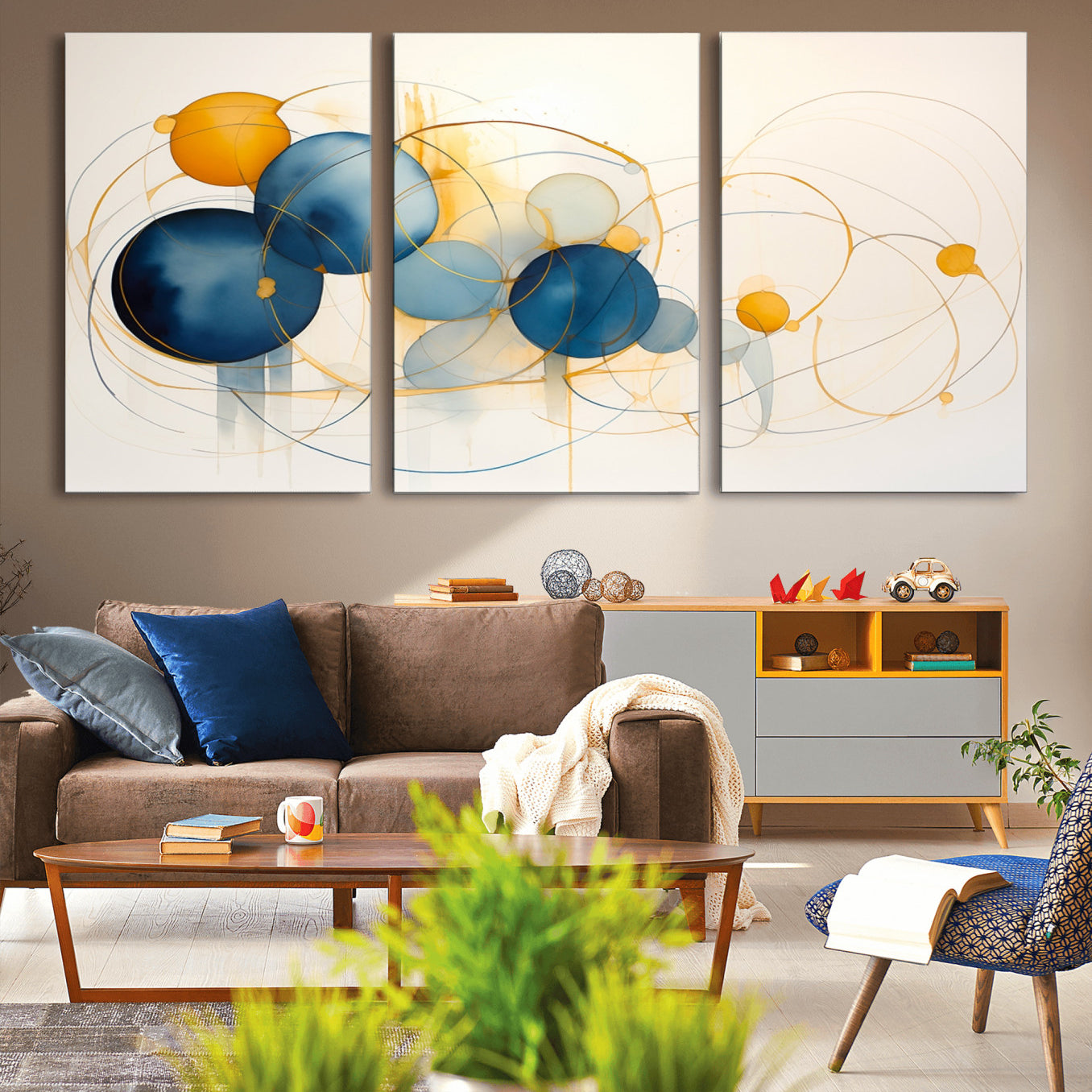 36188-MGV-CV-36X24-Geometric Blue Orange Abstract Wall Art Canvas, Geometric Blue Orange Canvas Print