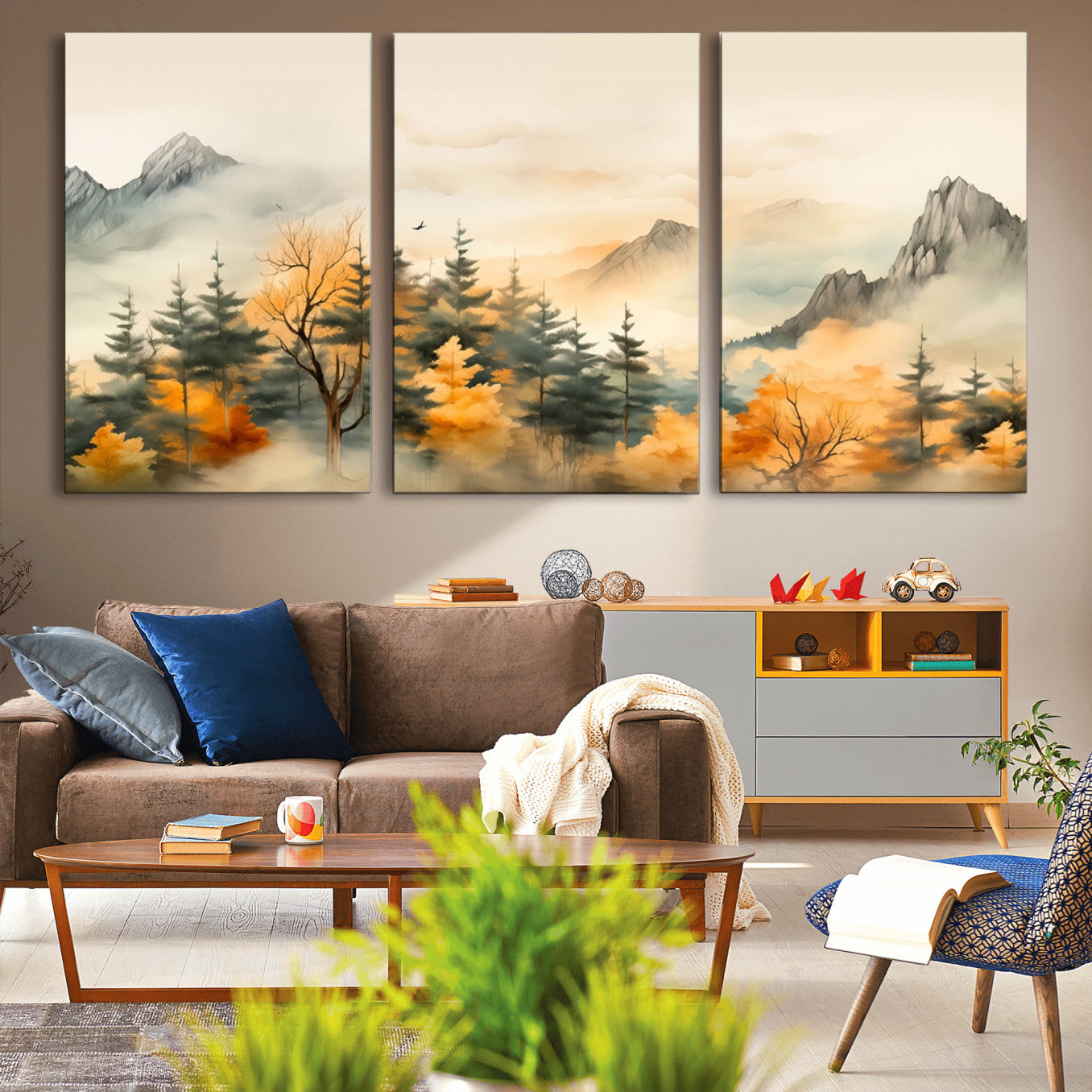 79192-MGV-CV-36X24-Abstract Watercolor Mountains and Trees Autumn Art, Watercolor Mountains and Trees Canvas Print
