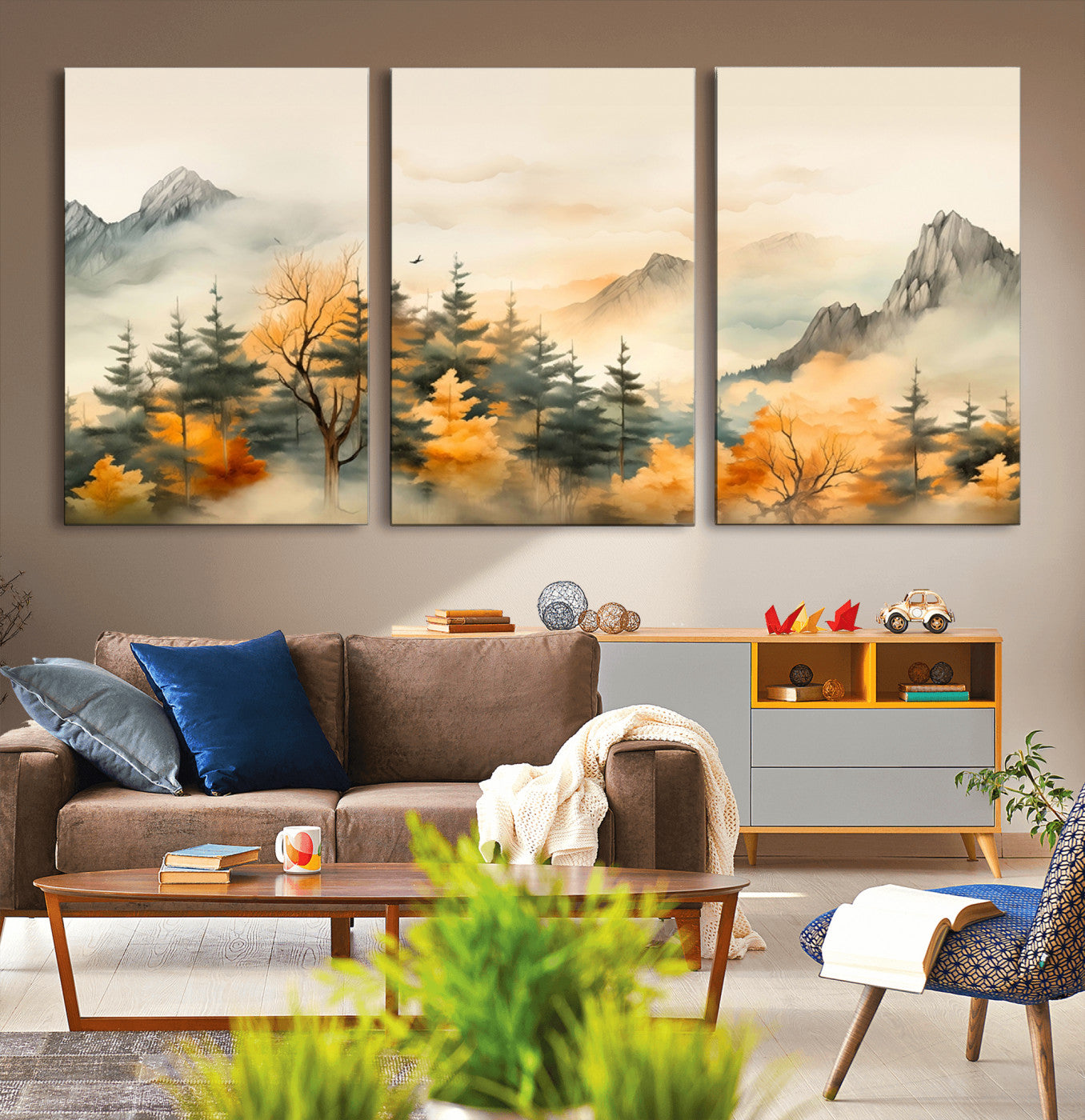 79192-MGV-CV-36X24-Abstract Watercolor Mountains and Trees Autumn Art, Watercolor Mountains and Trees Canvas Print