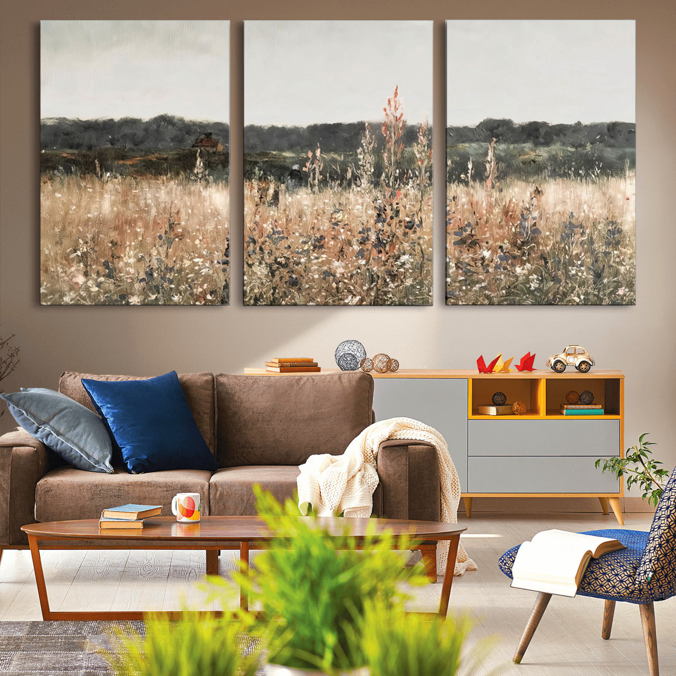 46308-MGV-CV-36X24-Abstract Wildflower Art Field Landscape Oil Painting Print, Country Field Wall Art - Framed Ready to