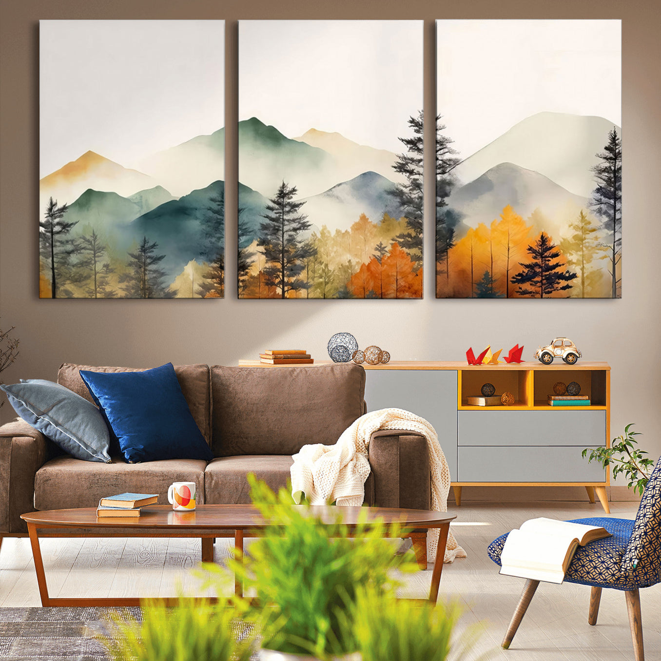 25689-MGV-CV-36X24-Abstract Watercolor Mountains and Trees Autumn Wall Art, Mountains and Trees Autumn Wall Art Canvas