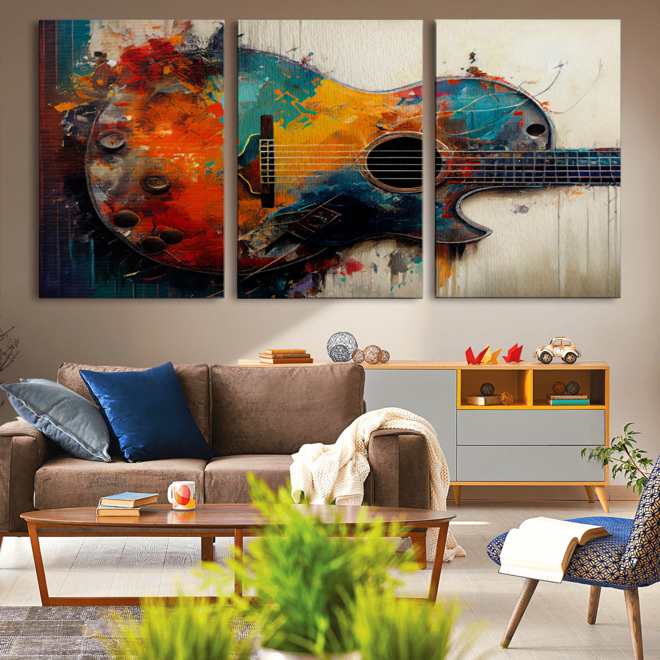 -Abstract Guitar Wall Art Canvas | Vibrant Music-Inspired Art for Living Room or Studio | Colorful