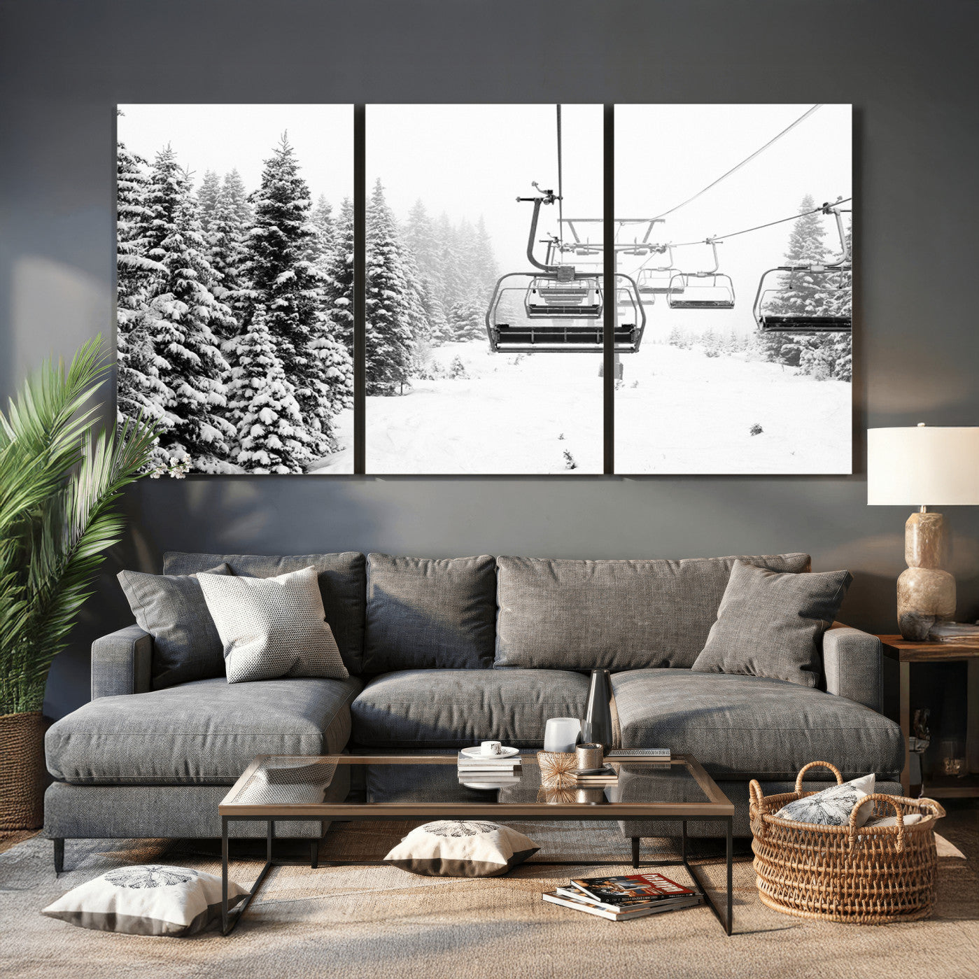 70609-MGV-CV-36X24 - Winter Forest Wall Art Canvas Print, Framed Snowy Forest Art Picture Print, Winter Ski Lift Perfect