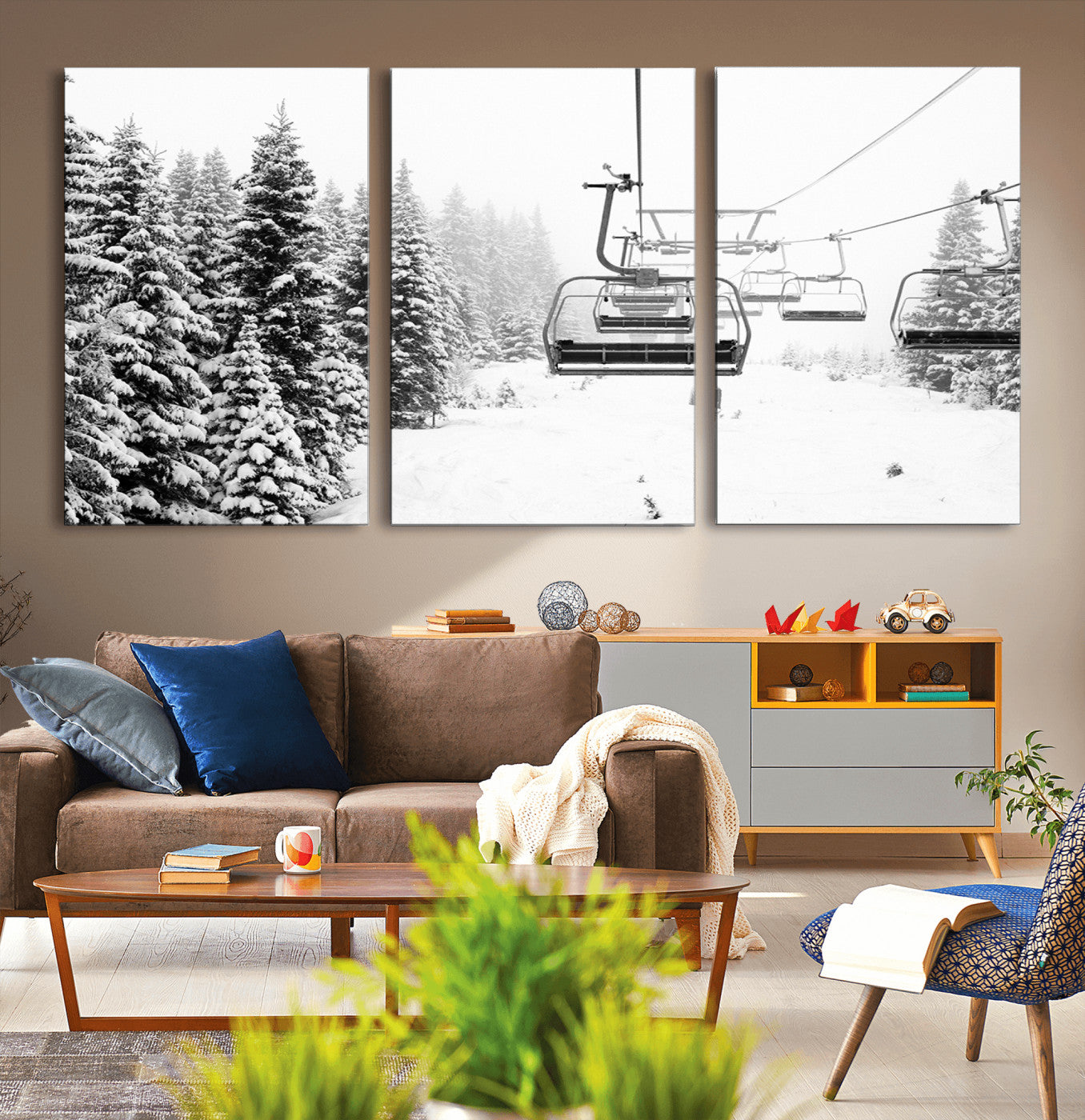 70609-MGV-CV-36X24-Winter Forest Wall Art Canvas Print – Framed Snowy Mountain Scene with Ski Lift Landscape Artwork for Home, Office Decor