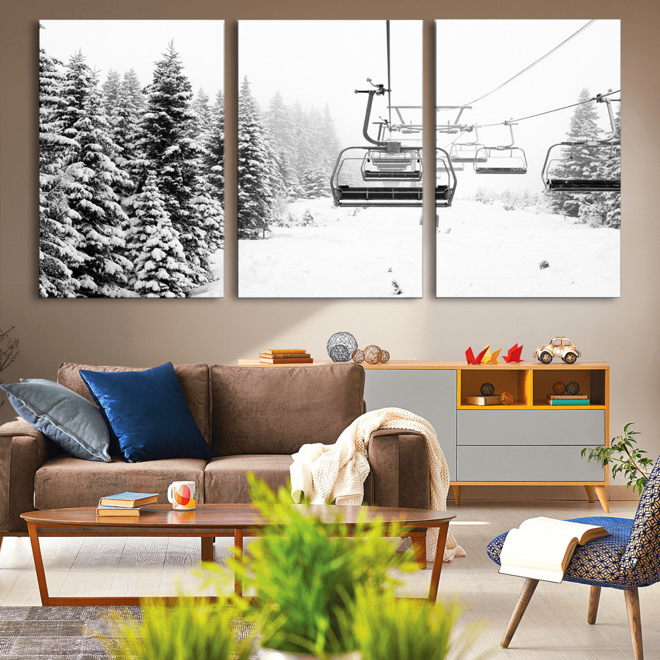 -Ski Wall Art - Ski Lift Wall Art Canvas Print Snow Covered Spruce Trees Winter Wall Art Ski Skier