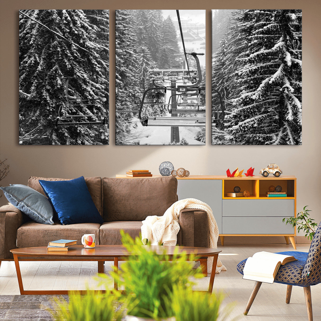 19240-MGV-CV-36X24-Winter Ski Lift Black and White Canvas Wall Art – Alpine Escape in Minimalist Style – Winter Ski