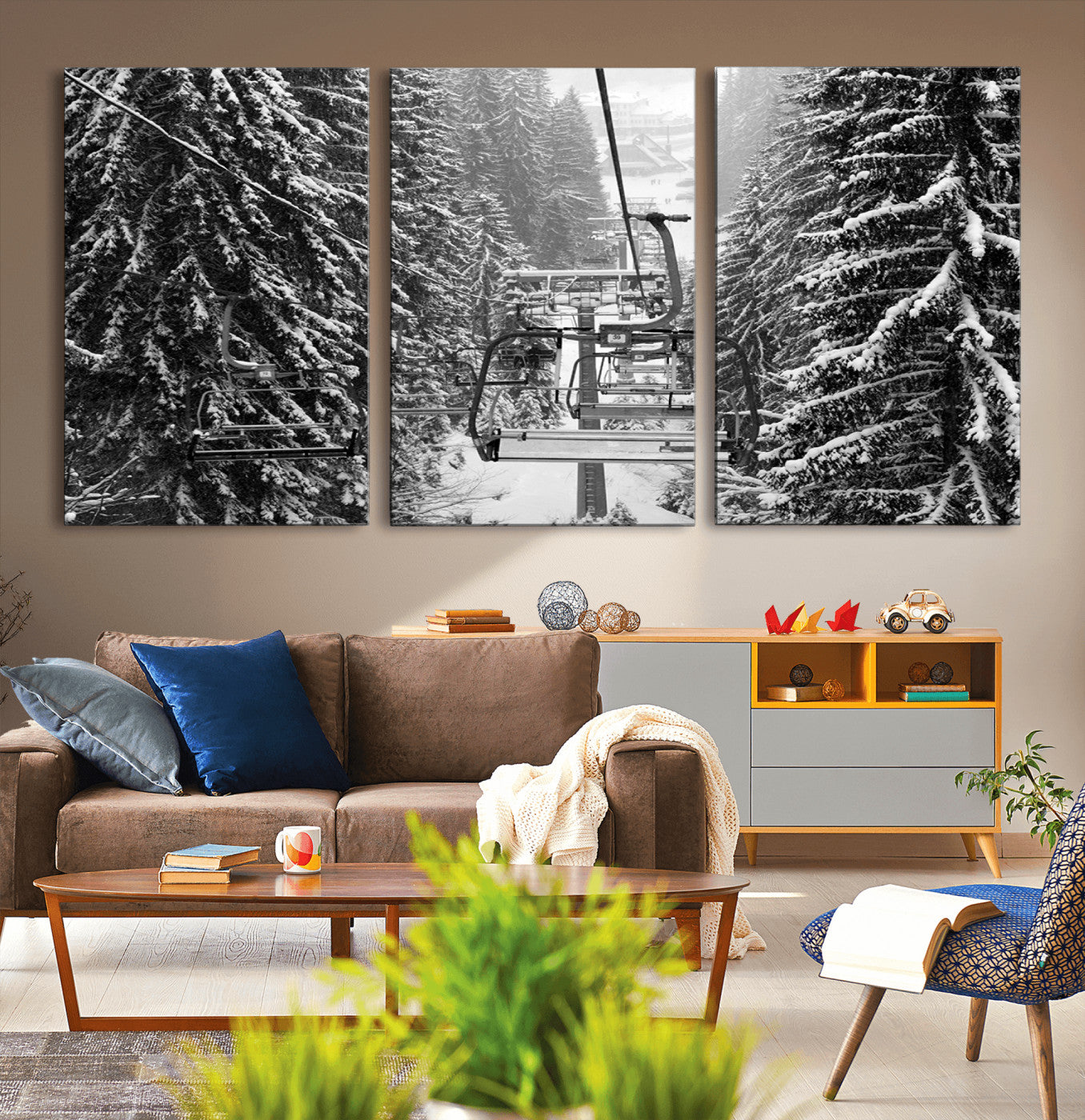 19240-MGV-CV-36X24-Winter Ski Lift Black and White Canvas Wall Art – Alpine Escape in Minimalist Style – Winter Ski