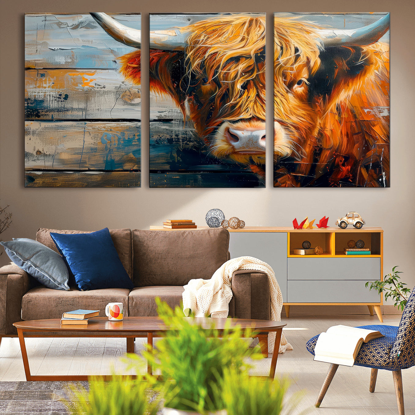 -Highland Cow Abstract Canvas Wall Art – Bold Farmhouse Rustic Decor – Ready to Hang