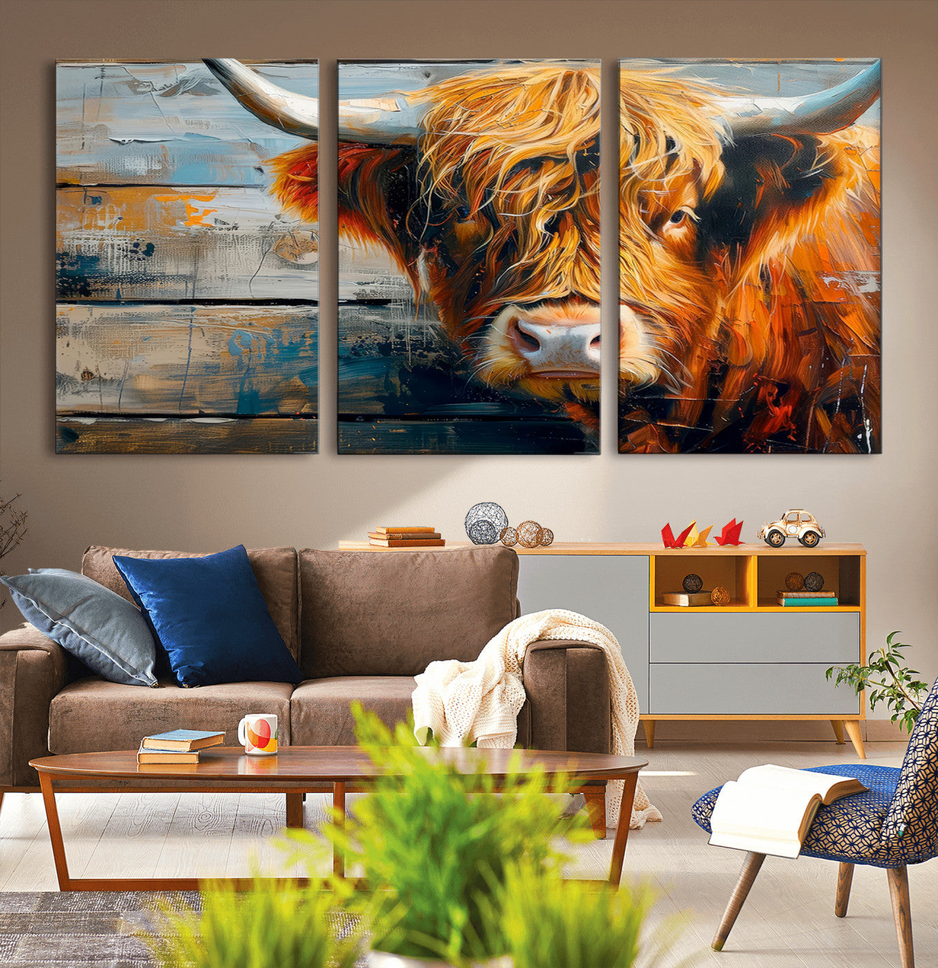 -Highland Cow Abstract Canvas Wall Art – Bold Farmhouse Rustic Decor – Ready to Hang
