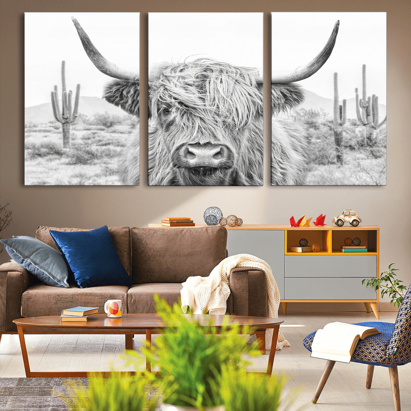 -Rustic Charm | Cow Longhorn Black White Bighorn Wall Art Canvas Print | Farmhouse Wall Art