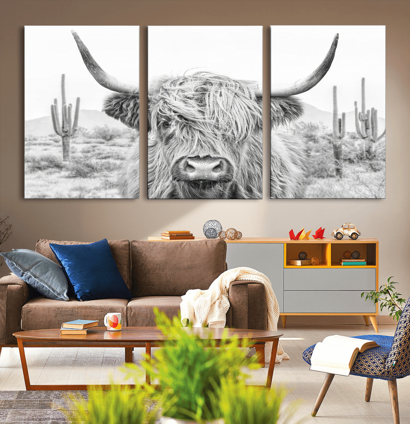 -Rustic Charm | Cow Longhorn Black White Bighorn Wall Art Canvas Print | Farmhouse Wall Art