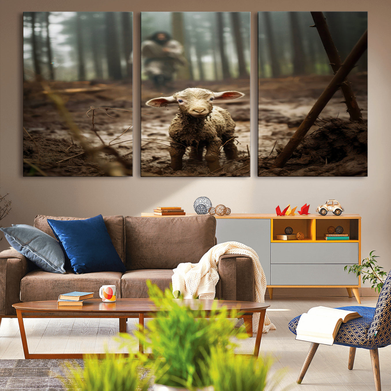 -Jesus Lost Lamb Canvas Wall Art – Heartwarming Woodland Scene – Ready to Hang - Christian Religion