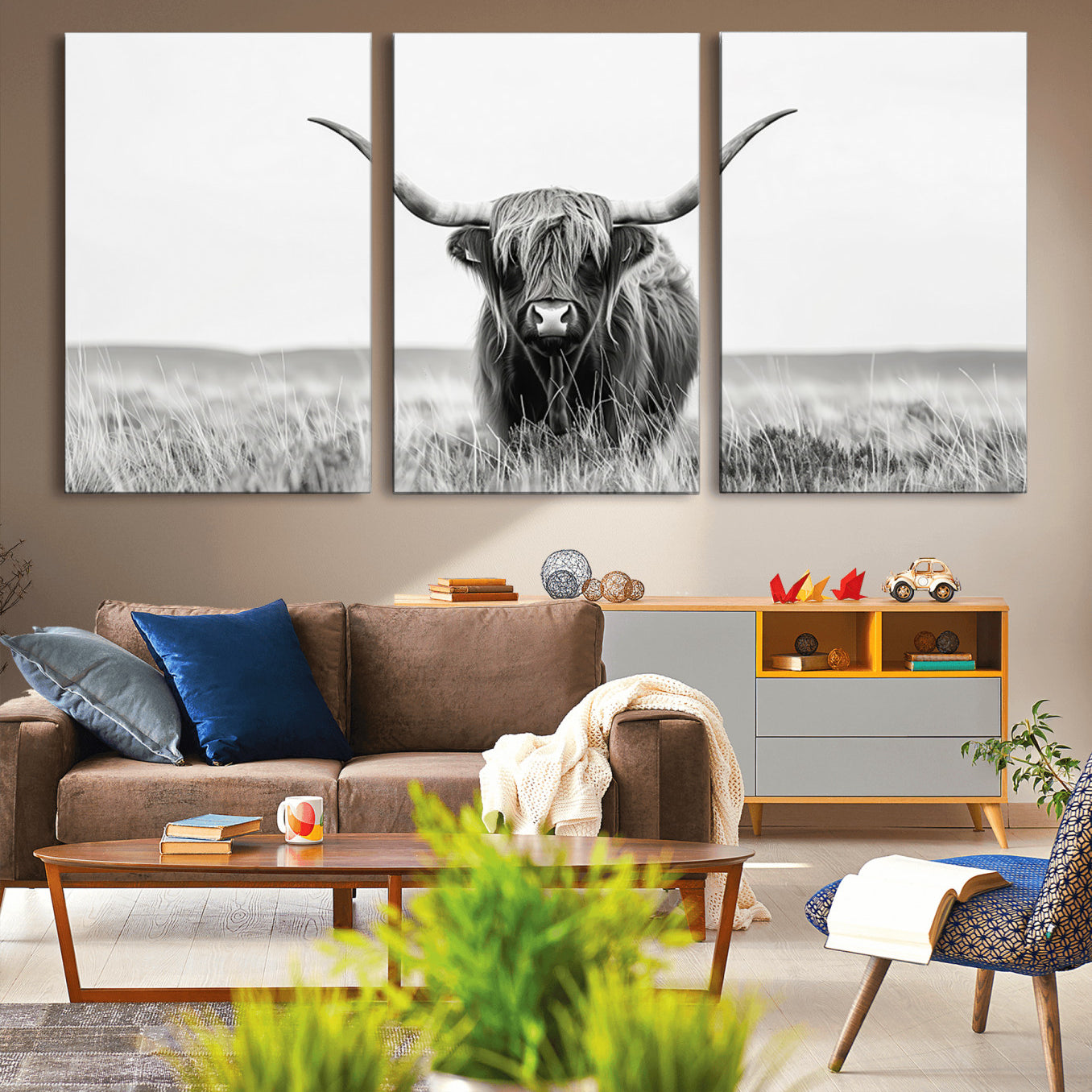 -Highland Cow Canvas Wall Art – Majestic Beauty in Black and White