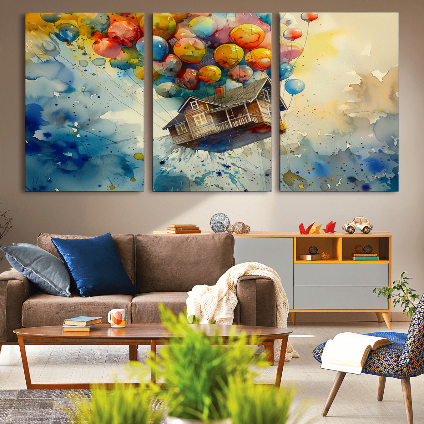 -UP-Inspired Floating House with Balloons Canvas Art – Colorful 3-Panel Wall Decor for Living Room,