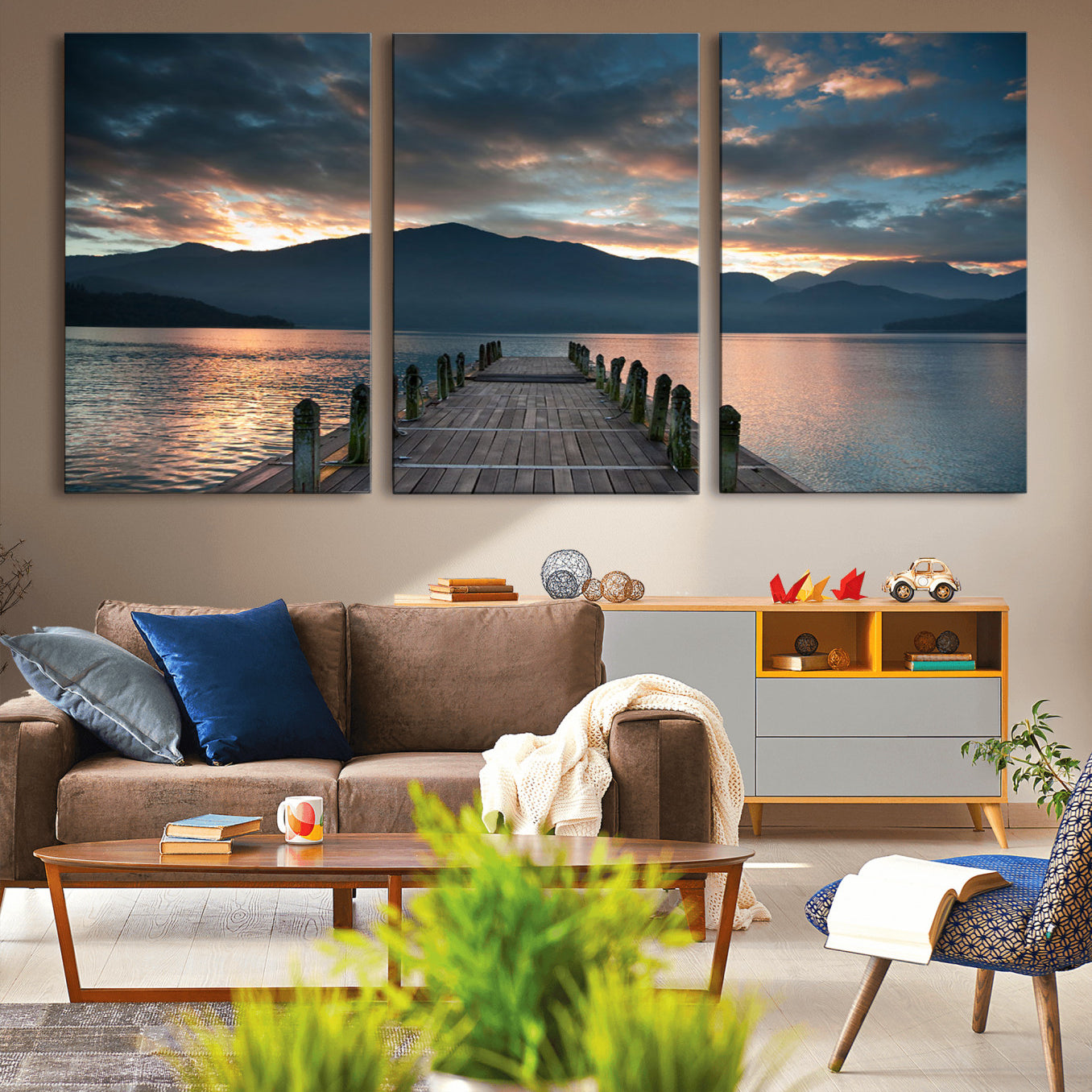 -Mountain Lake Wood Pier Canvas Wall Art Nature Lake Print