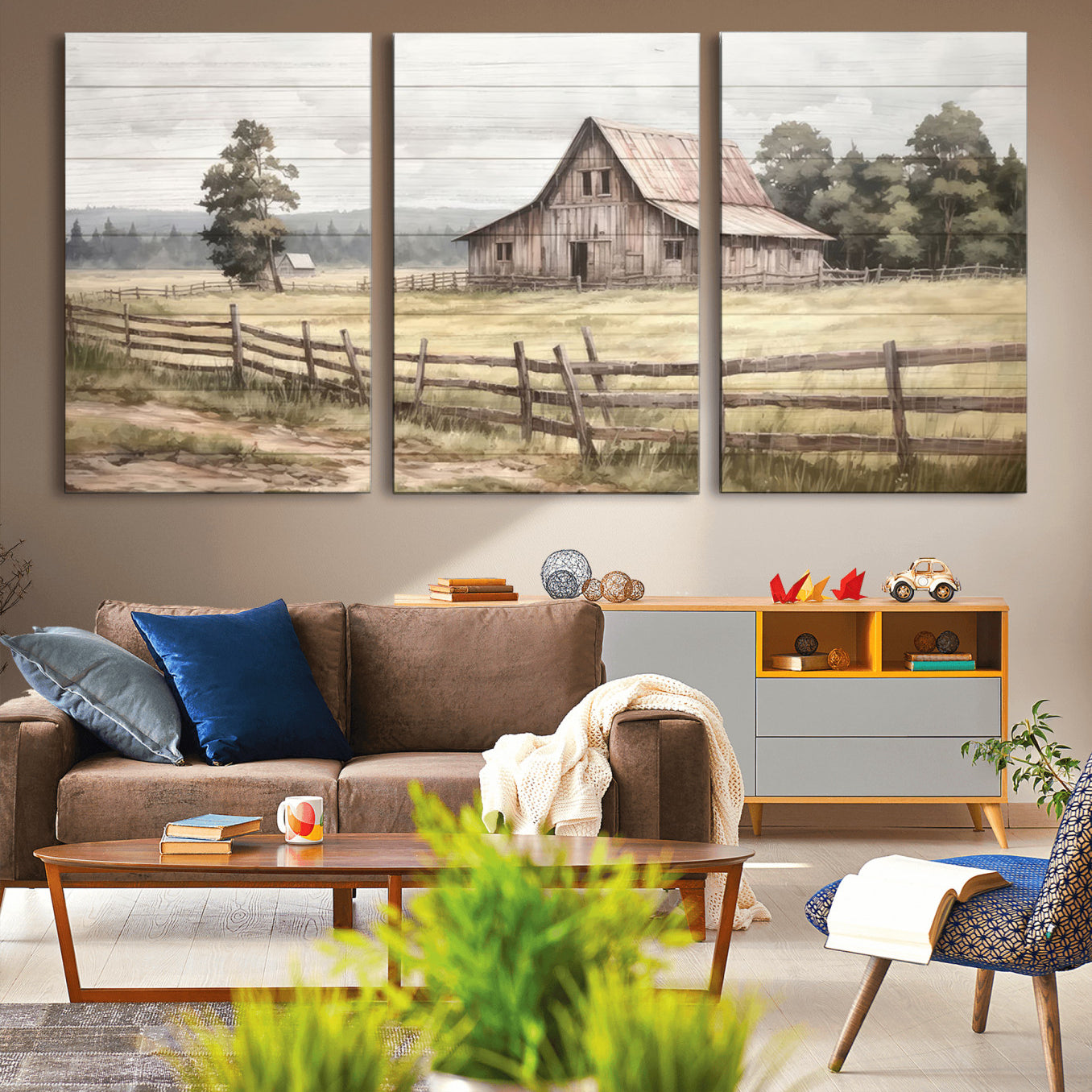 87489-MGV-CV-36X24-Rustic Farmhouse Barn Wall Art | 3-Panel Framed Gallery Wrap Giclee Canvas Print for Living Room,