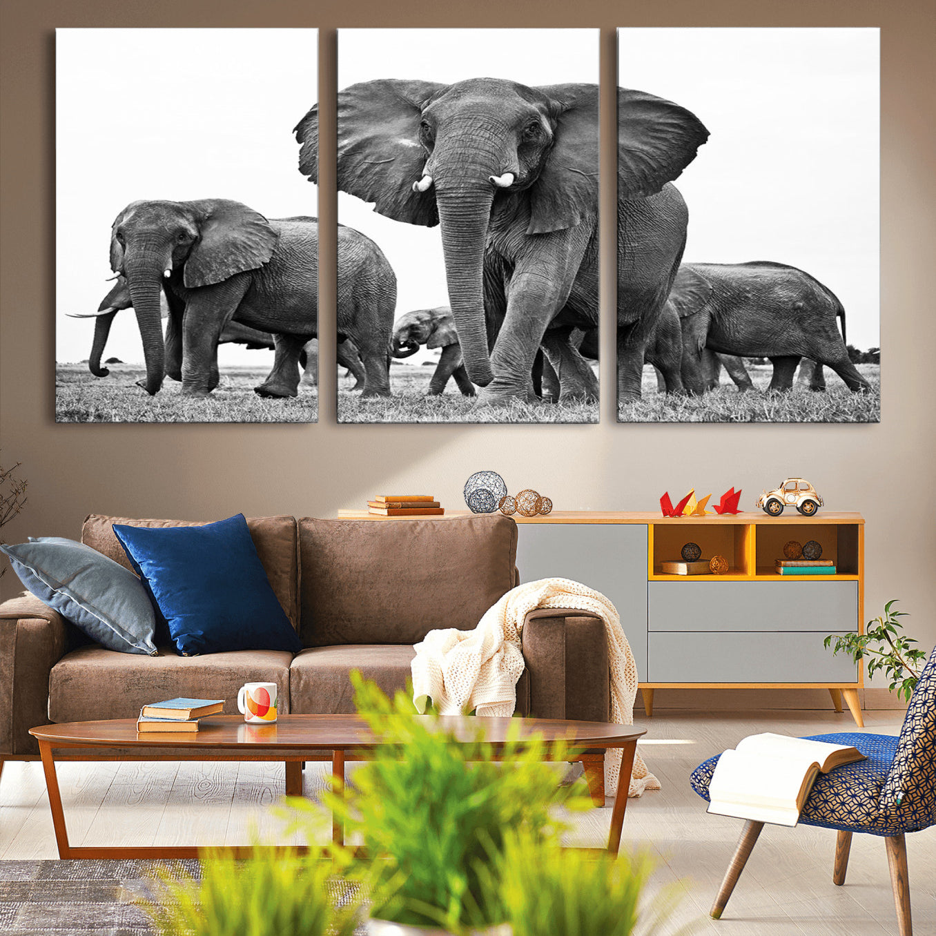 -Black White Elephant Family Wall Art Canvas Print