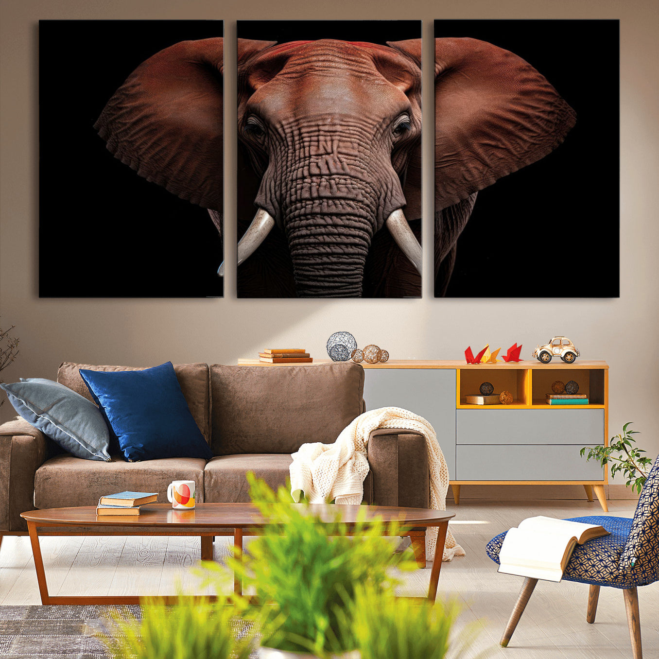 -Wild Elephant Wall Art Canvas Print, Africa Savannah Wild Animal Wall Decor Print