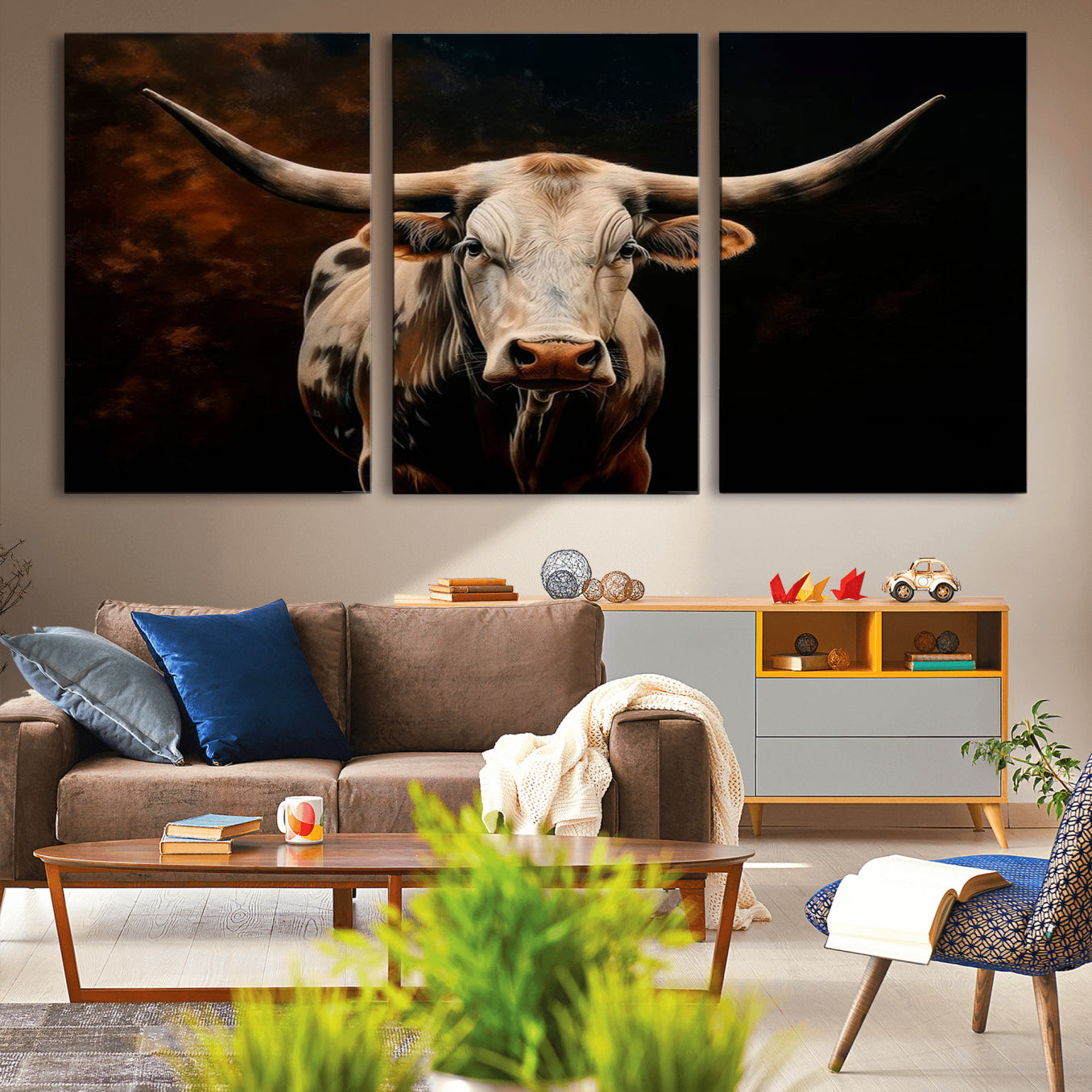 -Texas Longhorn Wall Art | 3-Panel Large Texas Longhorn Canvas Print for Living Room, Office, or