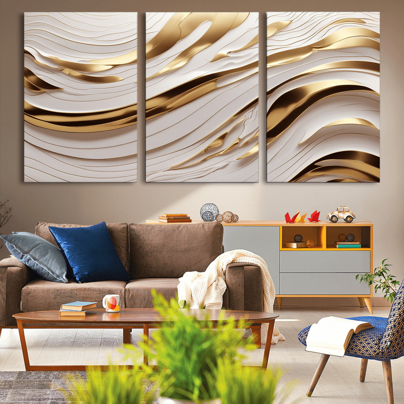 81197-MGV-CV-36X24-Gold and White Abstract Wave Canvas – Elegant Flowing Design with Luxurious Golden Accents –