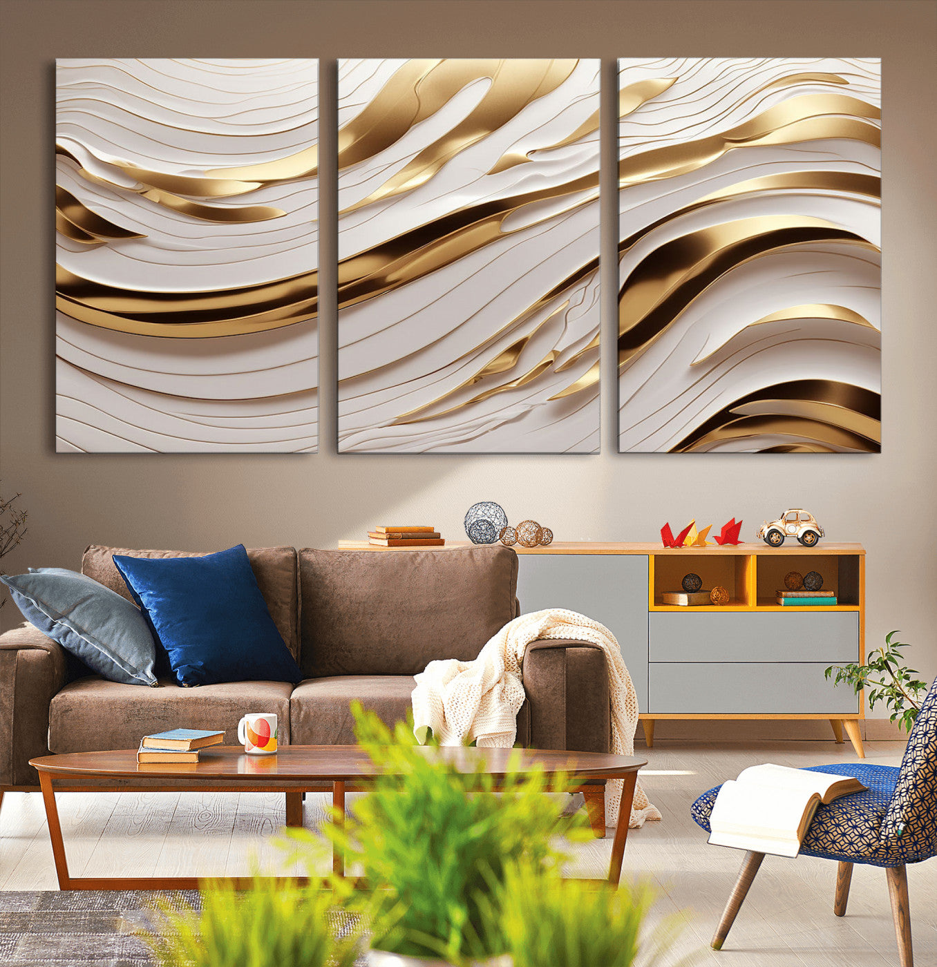 81197-MGV-CV-36X24-Gold and White Abstract Wave Canvas – Elegant Flowing Design with Luxurious Golden Accents –