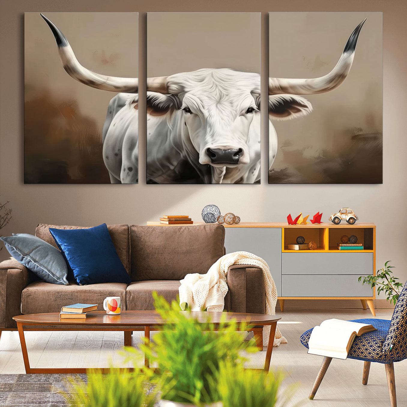 -White Longhorn Bull Wall Art Canvas Print – Framed and Ready to Hang – Perfect for Farmhouse and