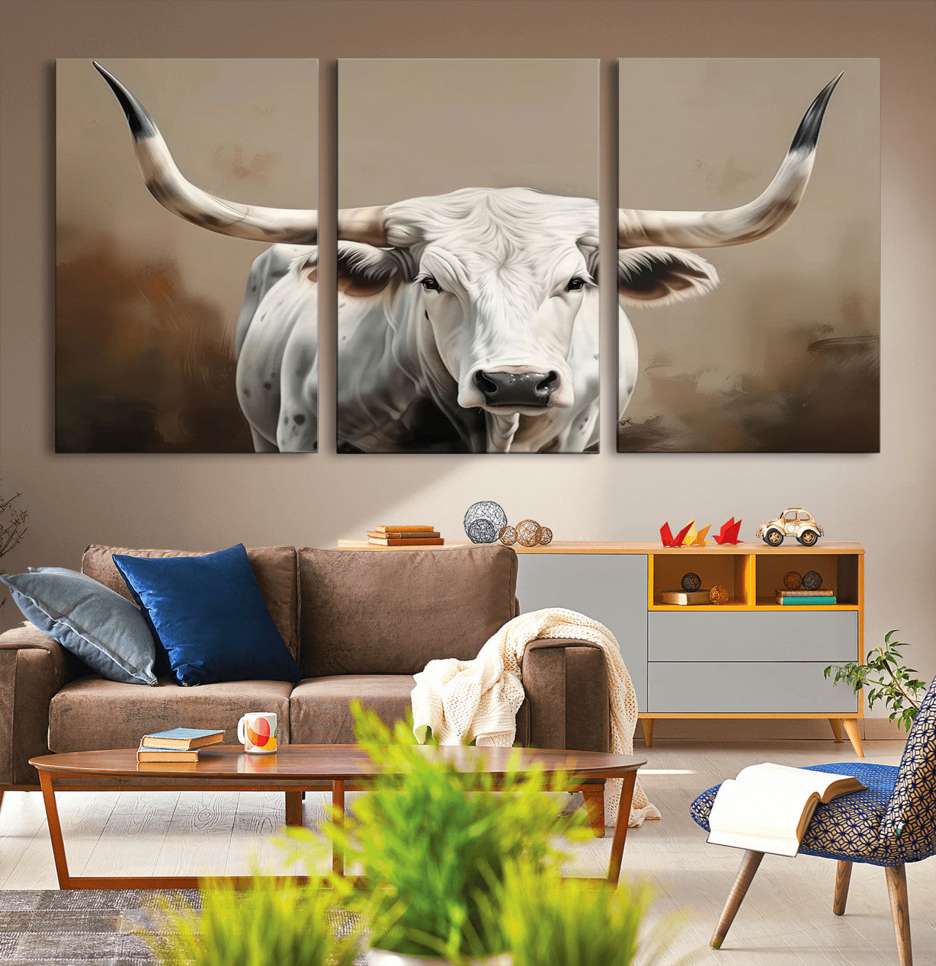 -White Longhorn Bull Wall Art Canvas Print – Framed and Ready to Hang – Perfect for Farmhouse and
