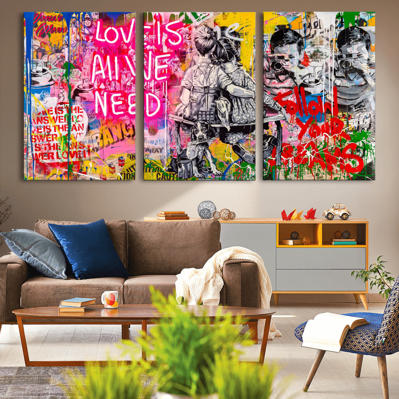 67019-MGV-CV-36X24-Follow Your Dreams & Love is All We Need Graffiti Street Art Triptych | Colorful Urban Wall Art