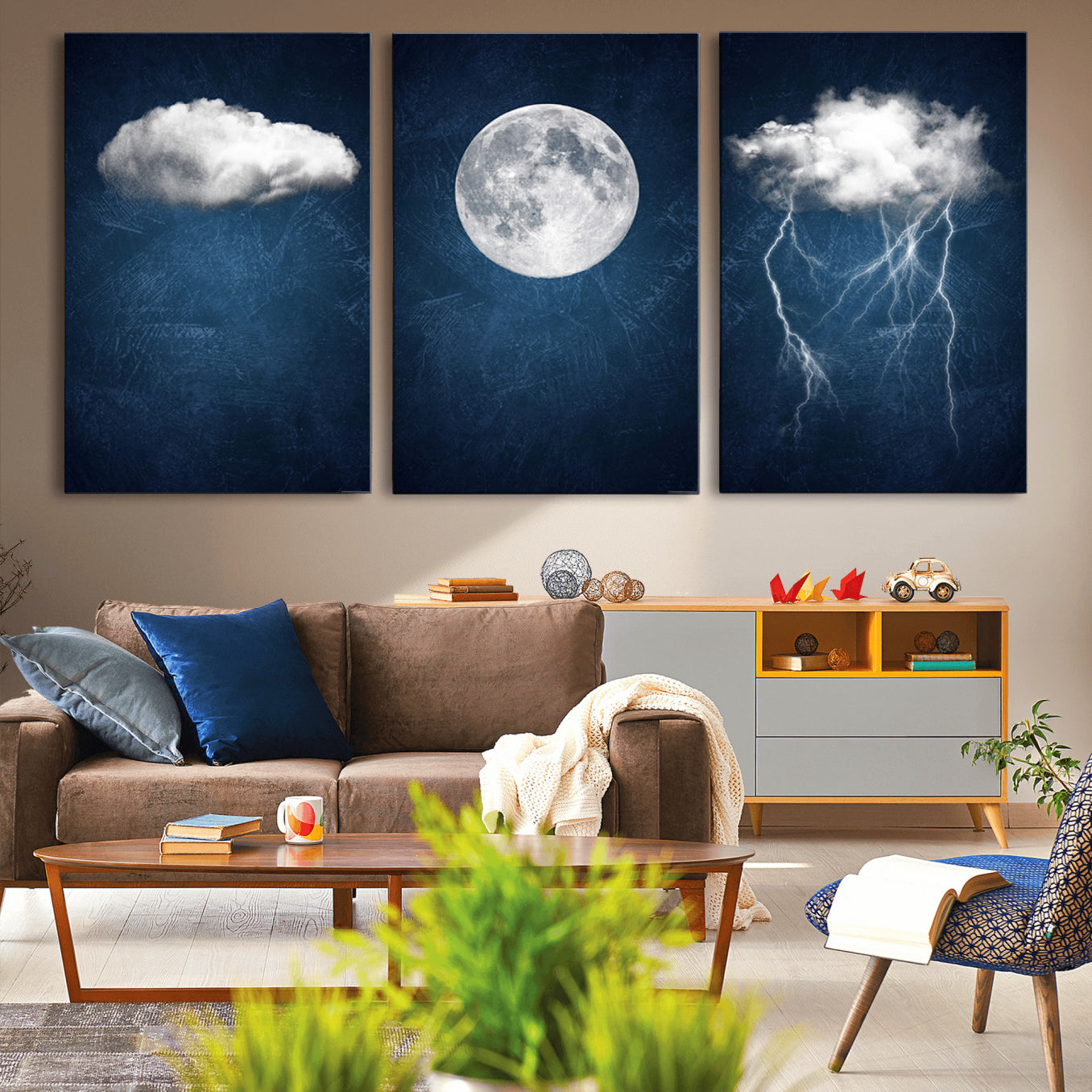 96569-MGV-CV-36X24-Dark Blue Cloud Art, 3 Piece Indigo Blue Wall Art, Aesthetic Surreal Art, Thunderstorm Moon Cloud